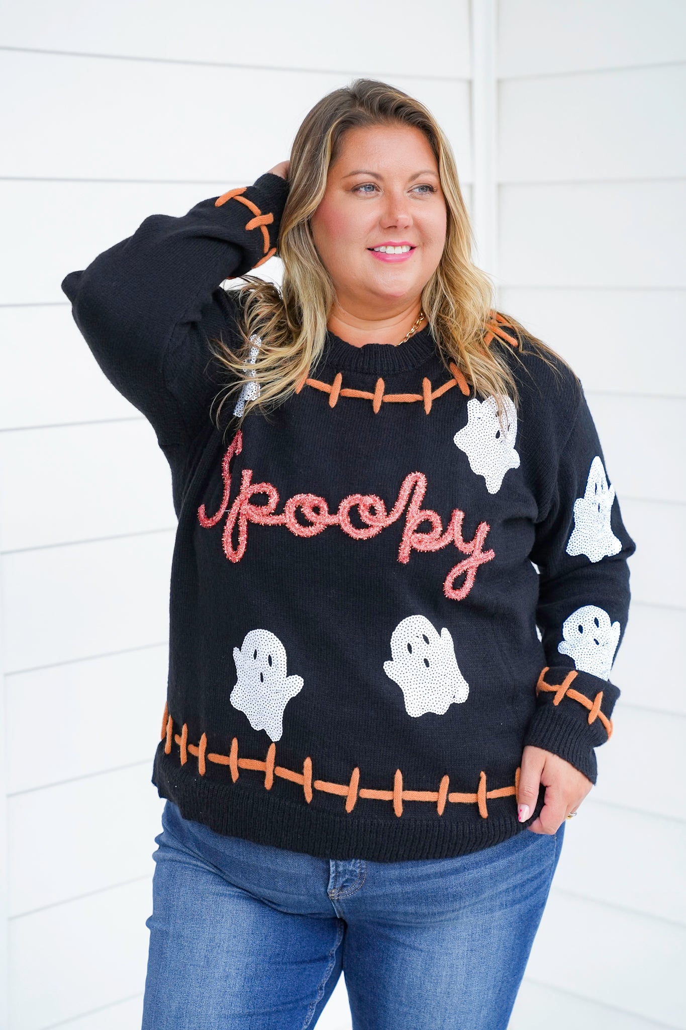 Restock! Halloween Long Sleeve Sweater with Tinsel "Spooky" and Sequin Ghost Detail
