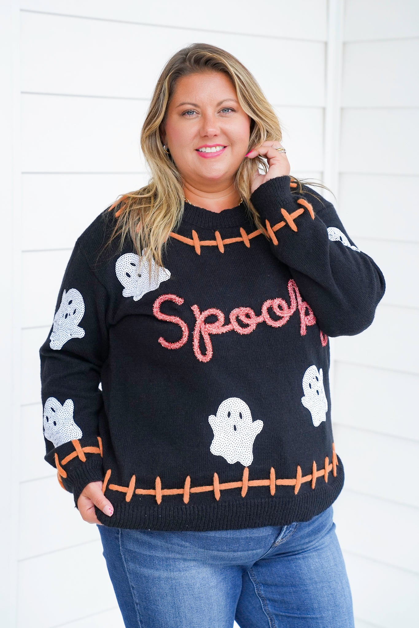 Restock! Halloween Long Sleeve Sweater with Tinsel "Spooky" and Sequin Ghost Detail