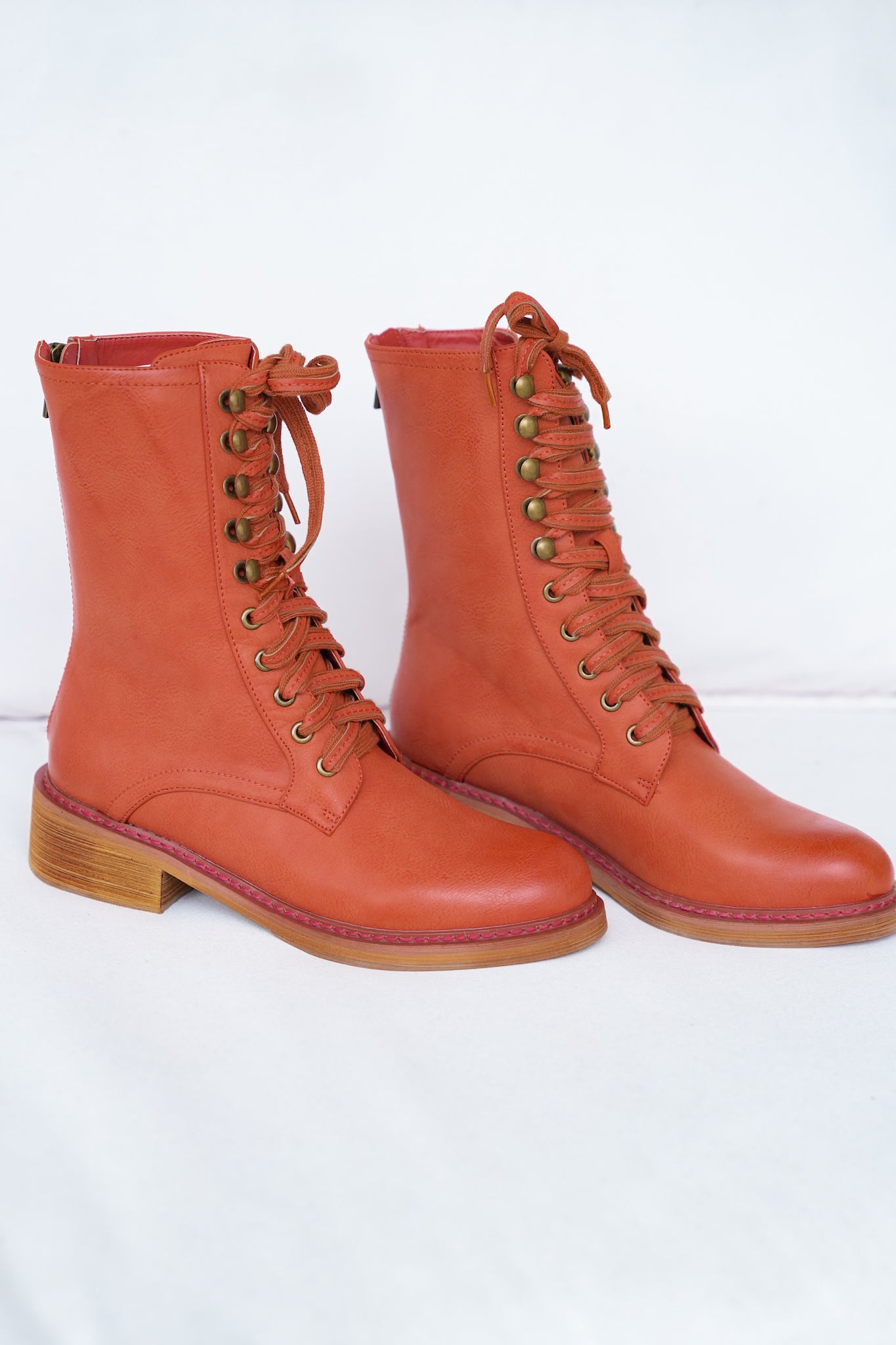 Cognac Lace Up Ankle Combat Vegan Leather Boots with Zipper