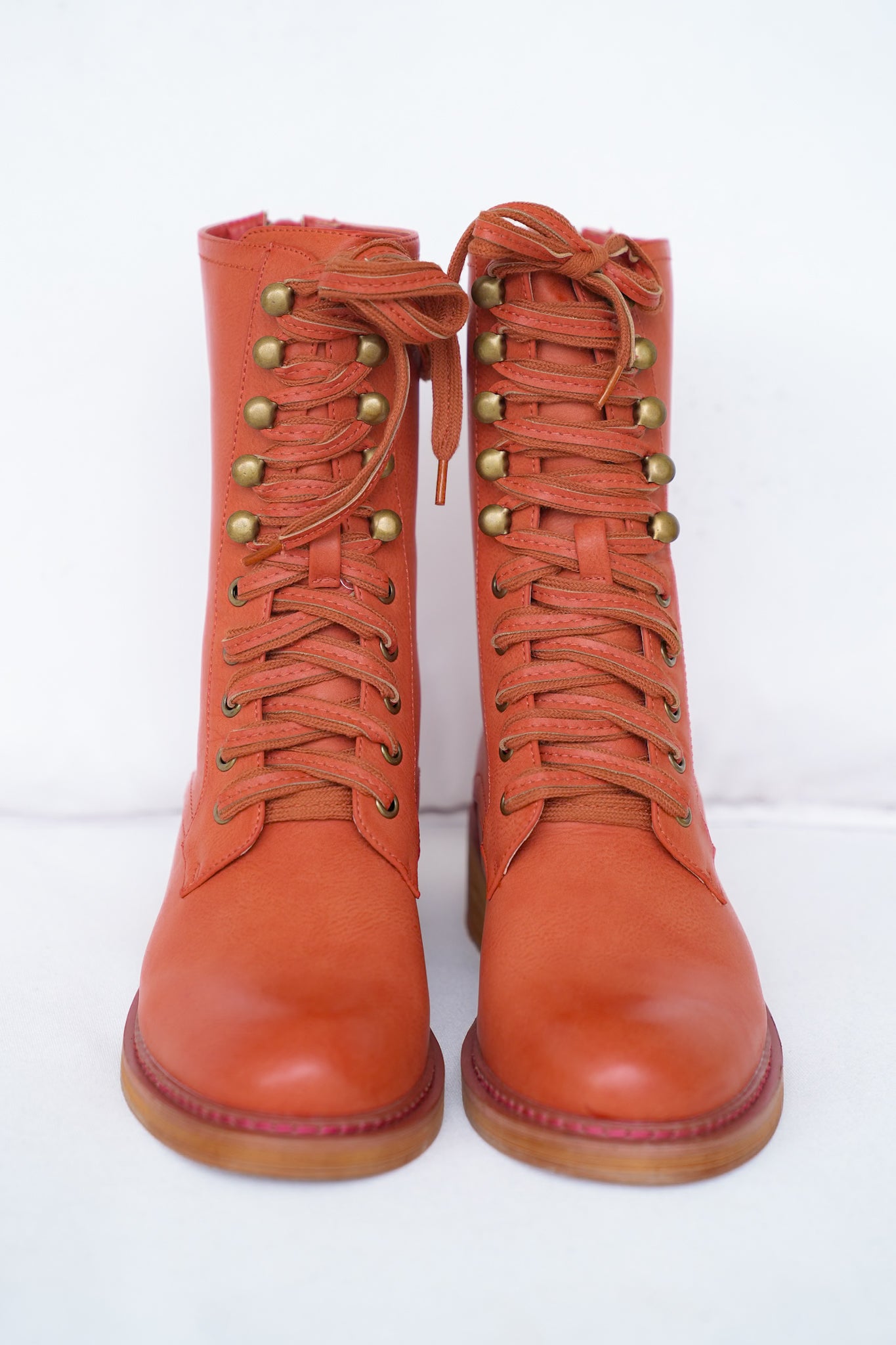 Cognac Lace Up Ankle Combat Vegan Leather Boots with Zipper