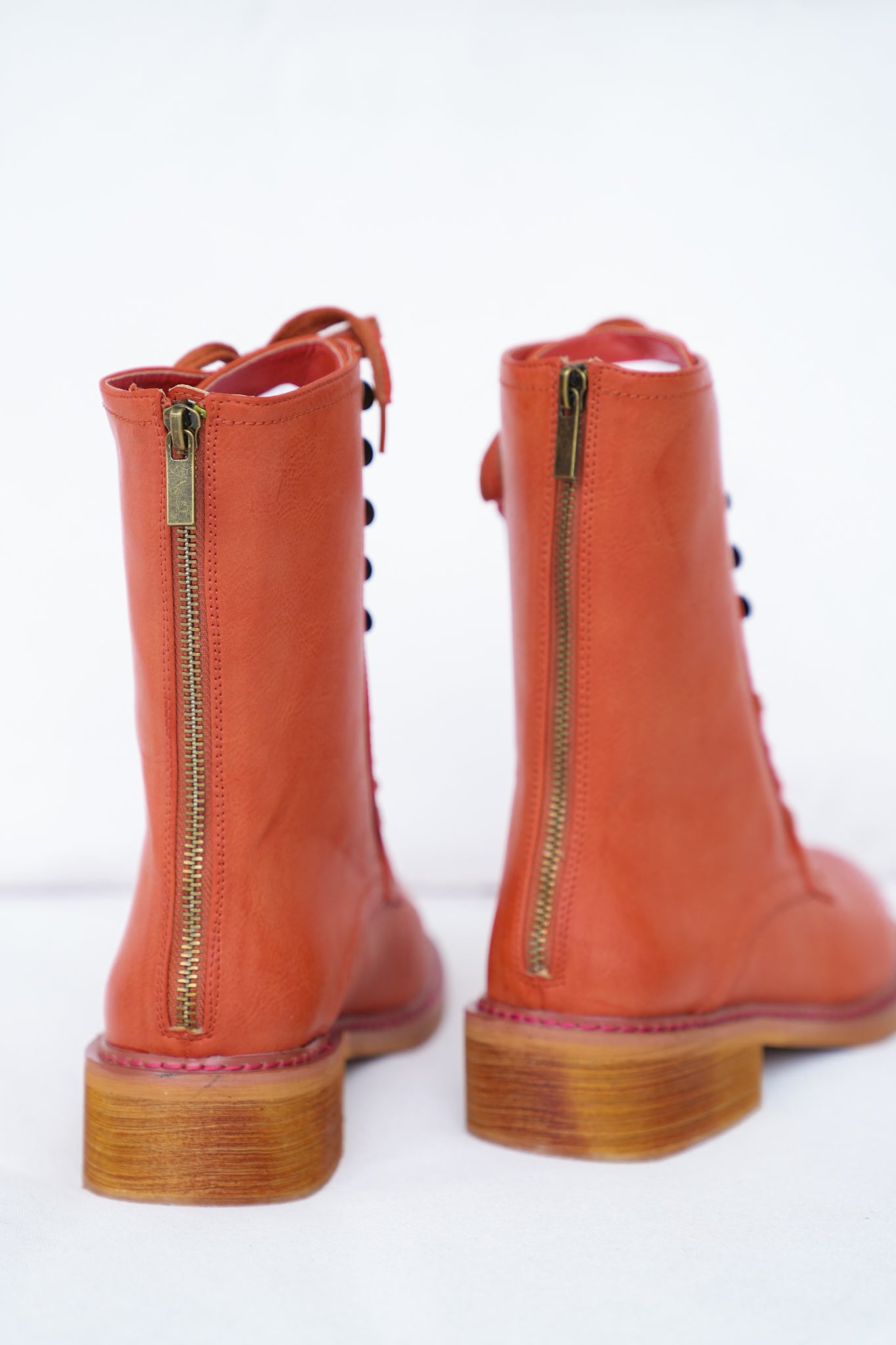 Cognac Lace Up Ankle Combat Vegan Leather Boots with Zipper