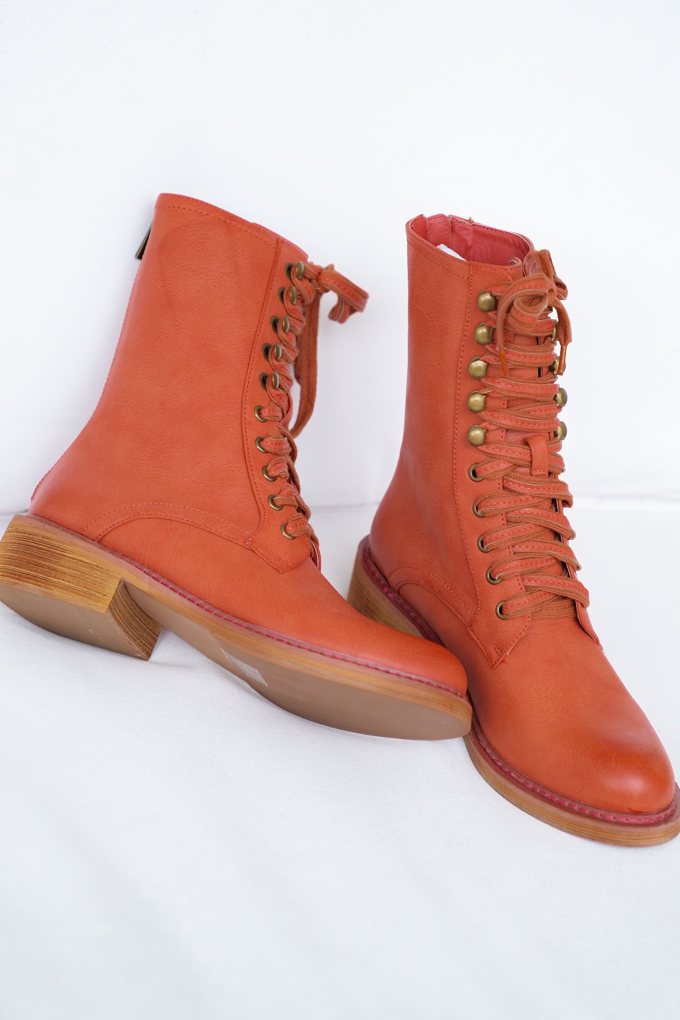 Cognac Lace Up Ankle Combat Vegan Leather Boots with Zipper