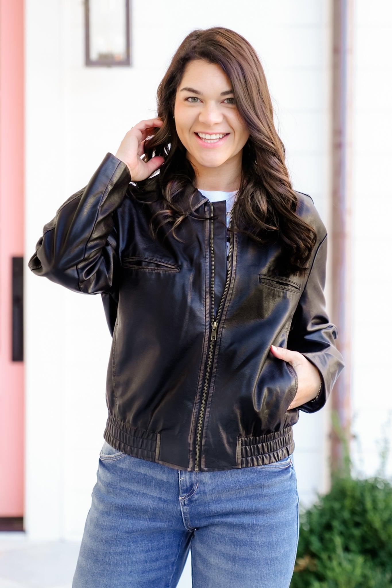 Vegan Leather Long Sleeve Zip Up Jacket