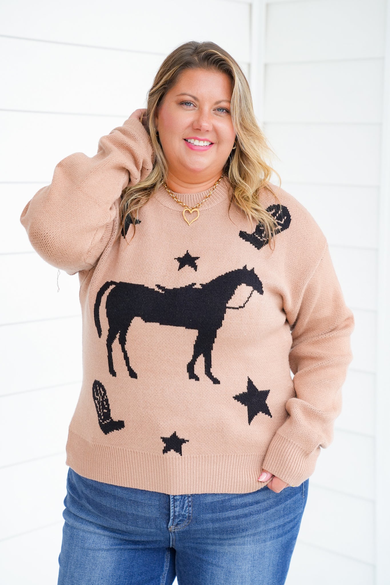 Horse Print Long Sleeve Pullover Sweater
