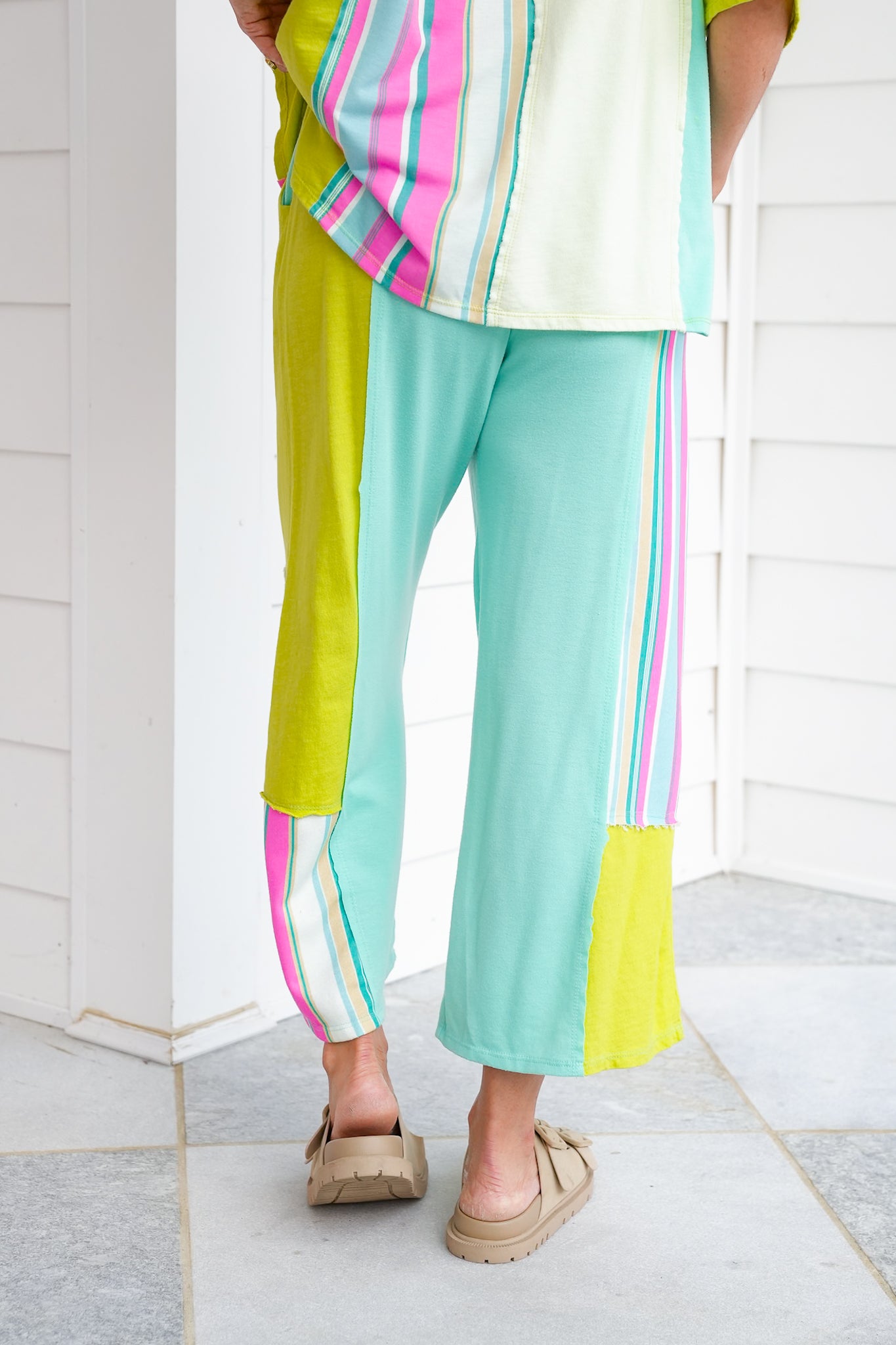 Stripe Flower Patch Elastic Waist Pants