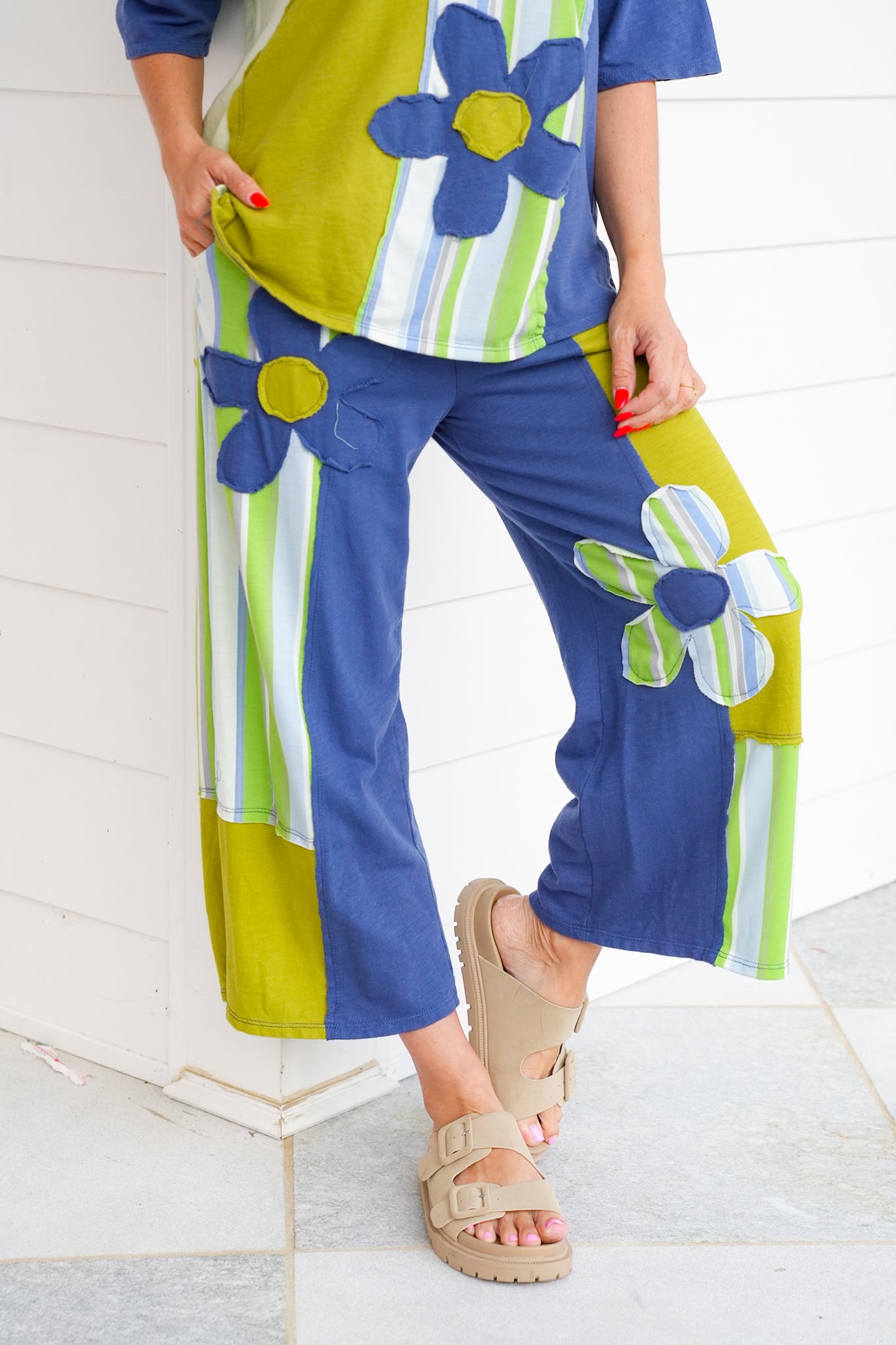Stripe Flower Patch Elastic Waist Pants