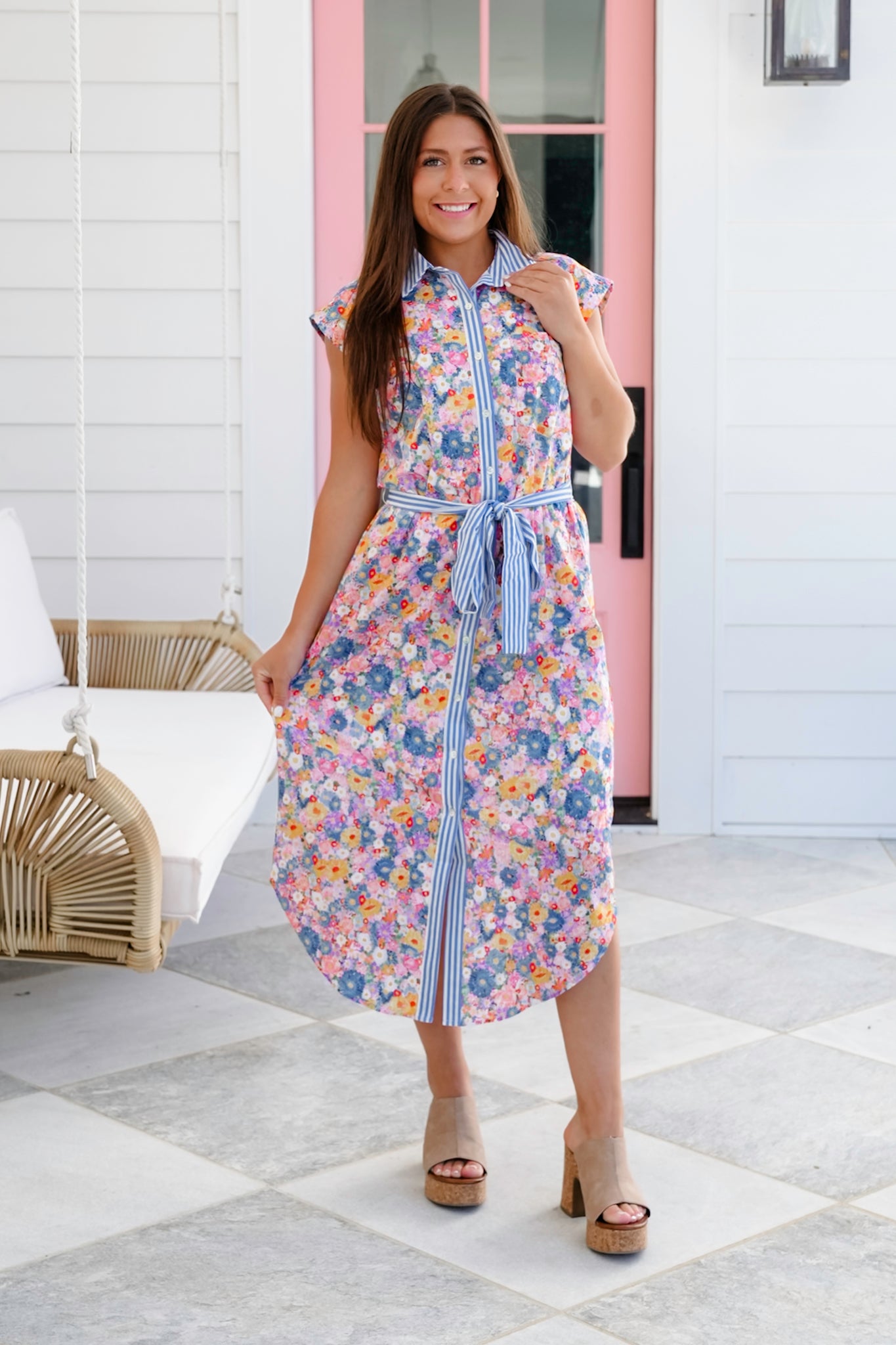 Floral Sleeveless Button Down Midi Dress with Stripe Detail