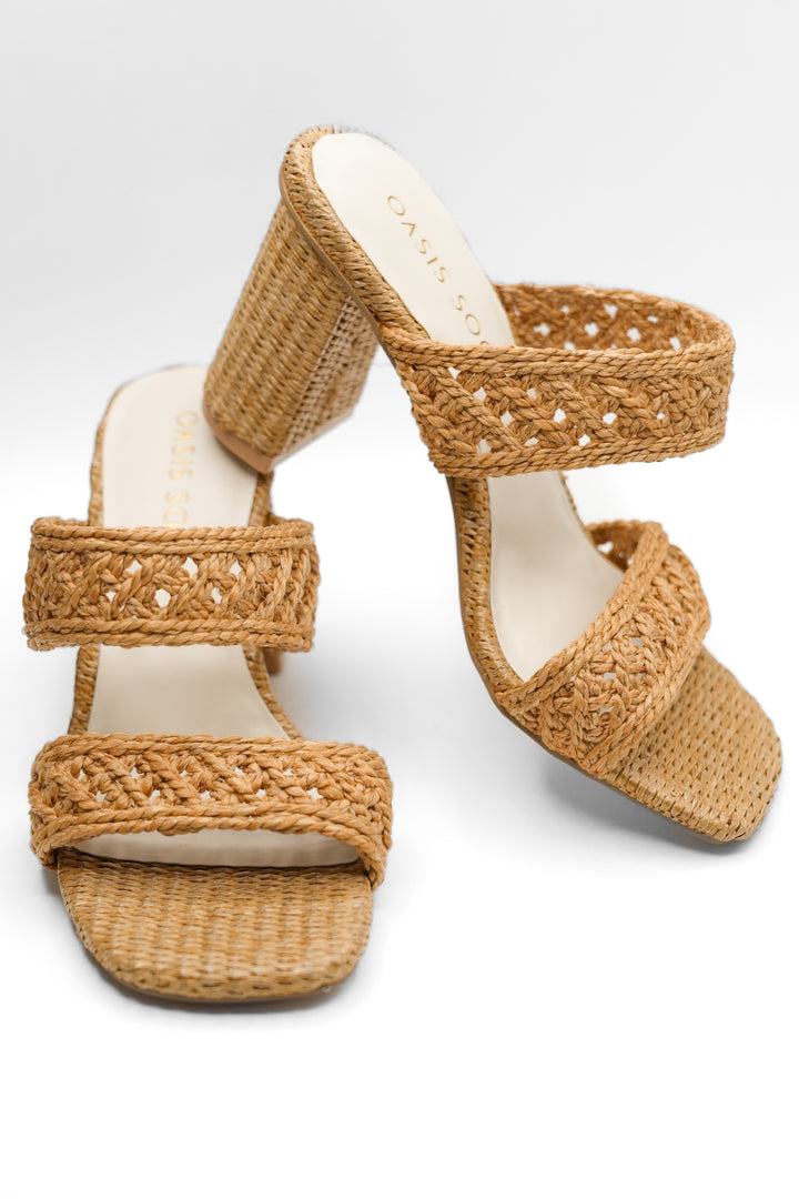 Woven Raffia Double Band Mule Sandal with Block Heel