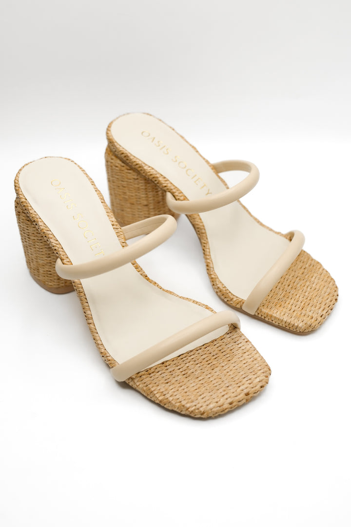 Textured Raffia Double Strap Mule Block Heel