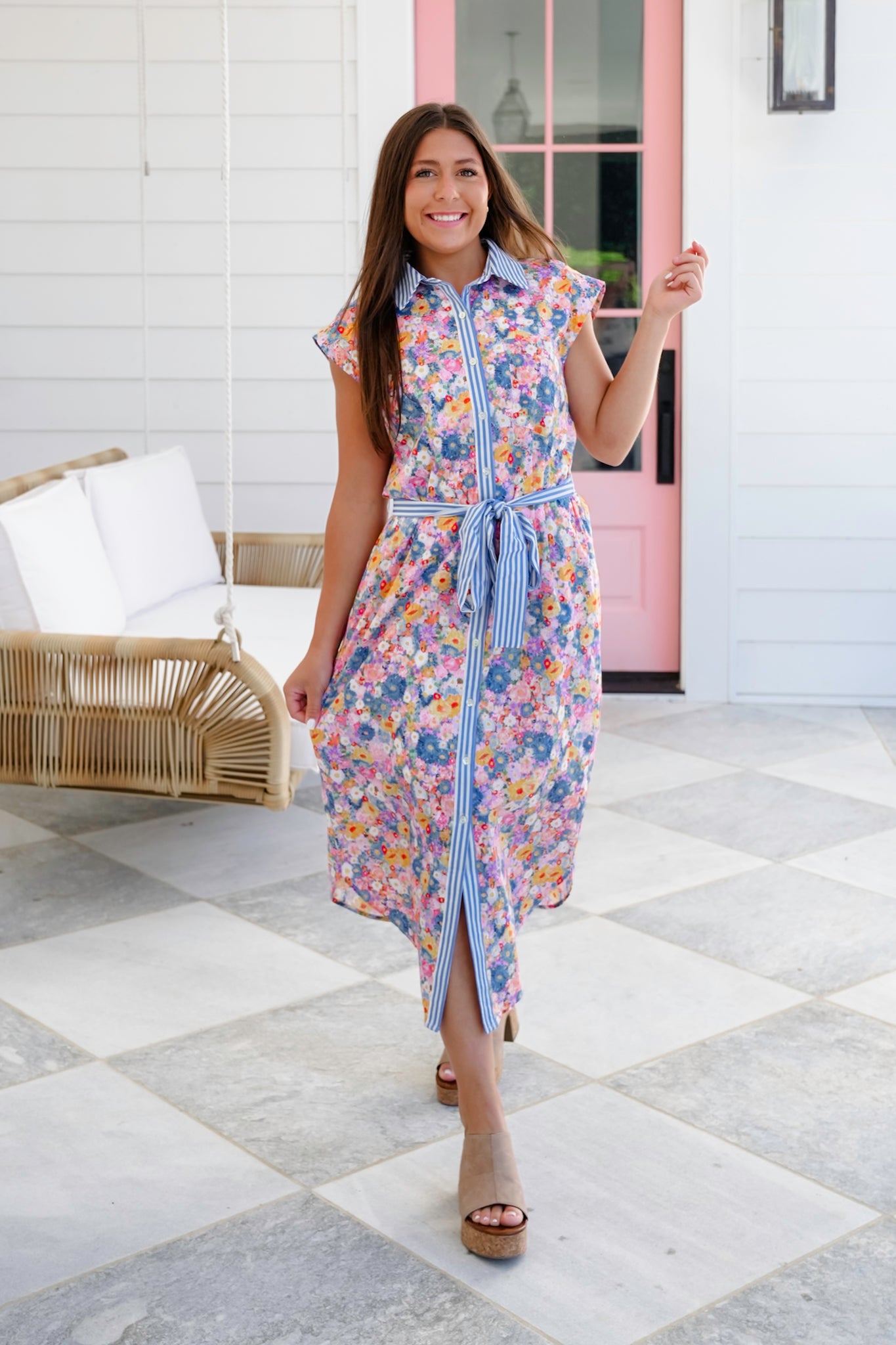 Floral Sleeveless Button Down Midi Dress with Stripe Detail