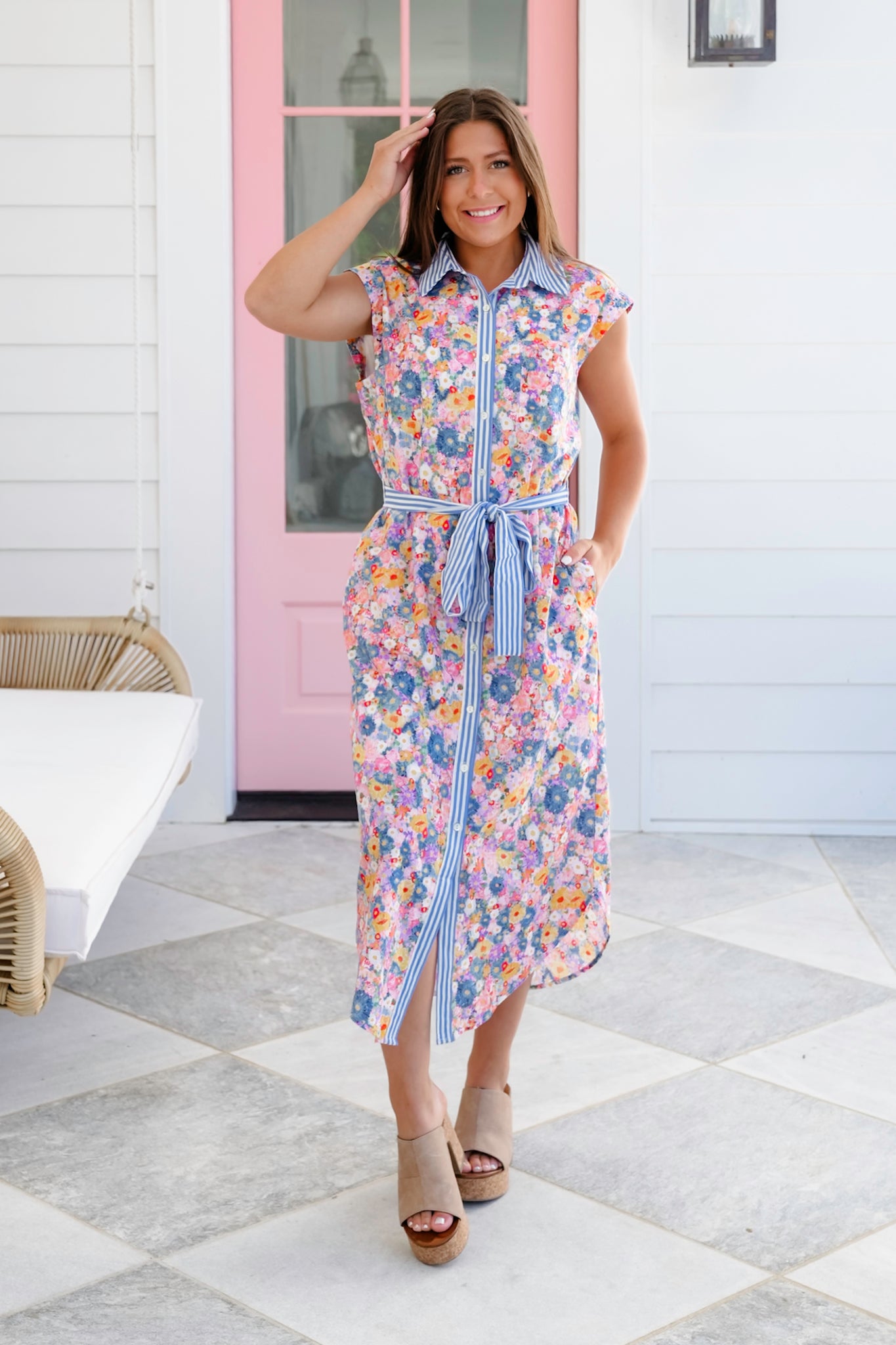 Floral Sleeveless Button Down Midi Dress with Stripe Detail