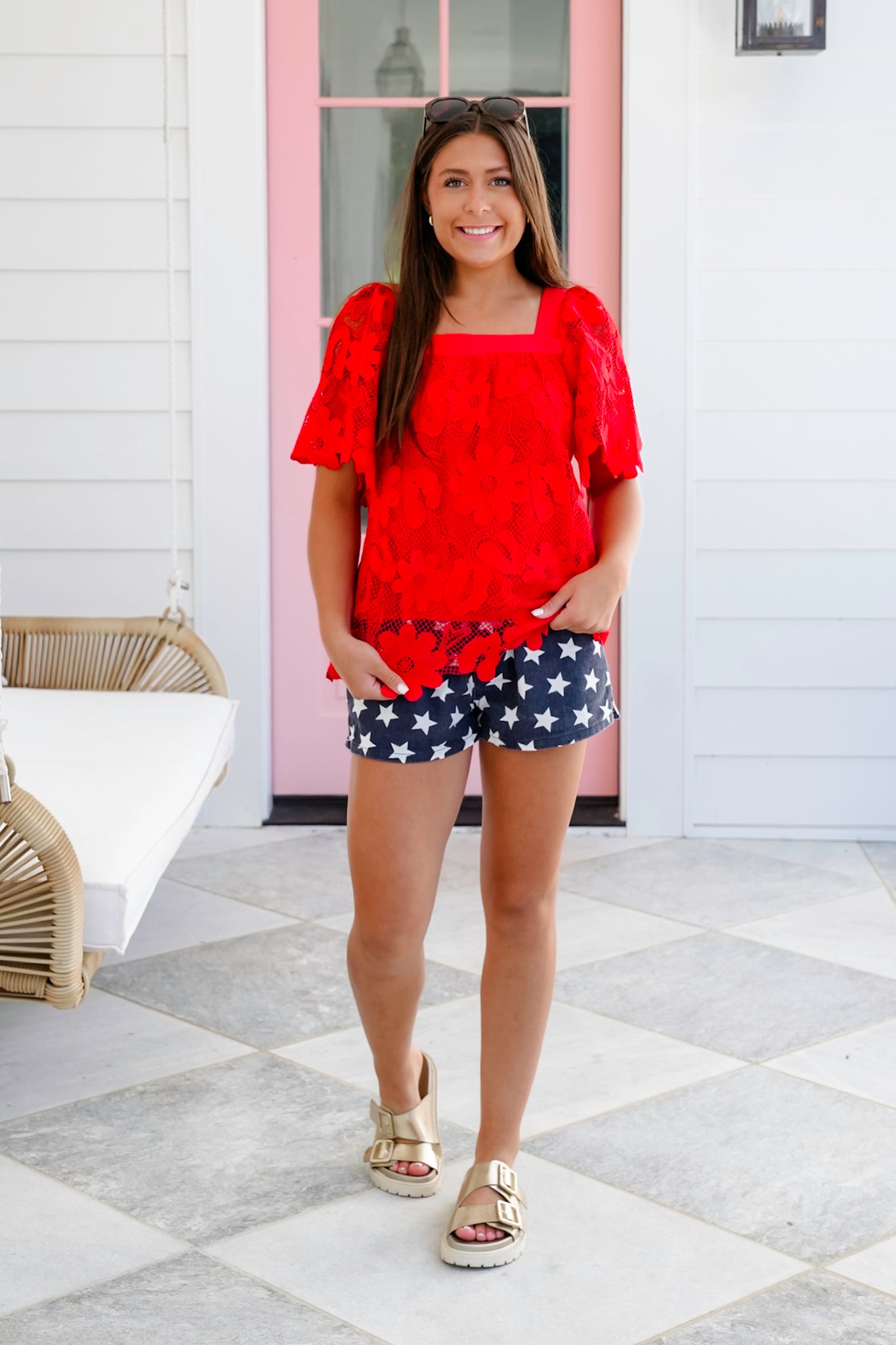 Floral Lace Short Sleeve Square Neck Top