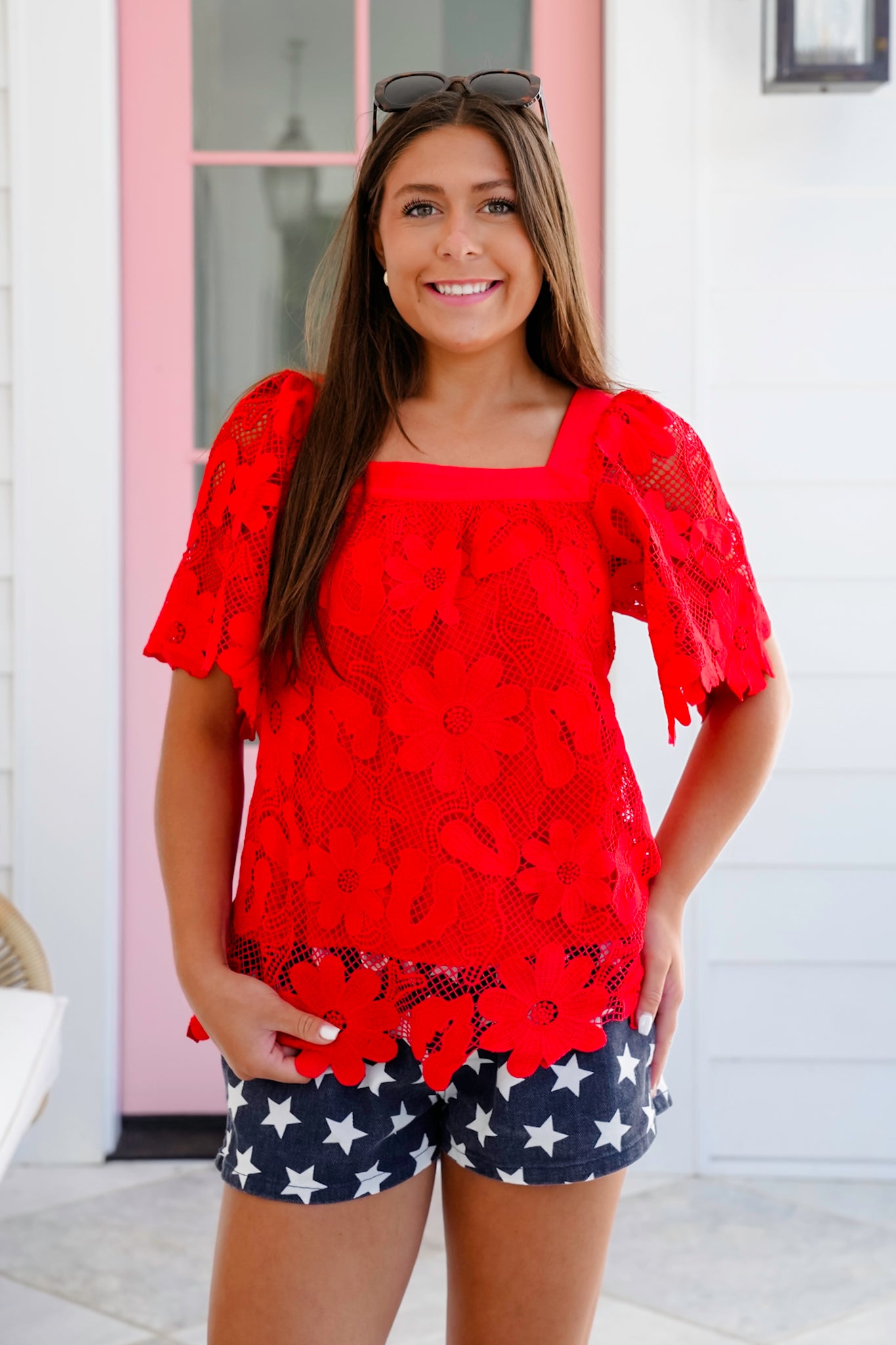Floral Lace Short Sleeve Square Neck Top