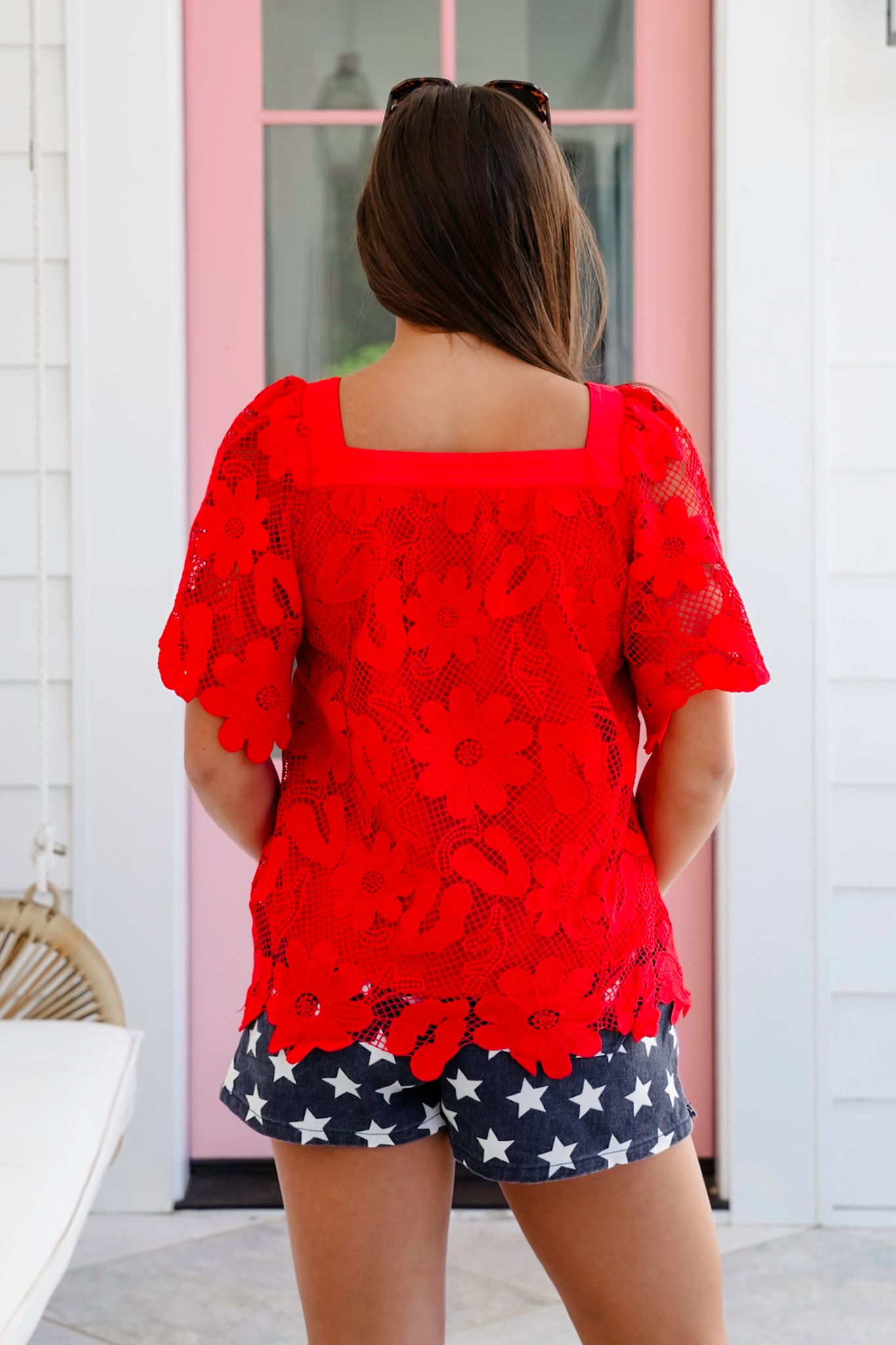 Floral Lace Short Sleeve Square Neck Top