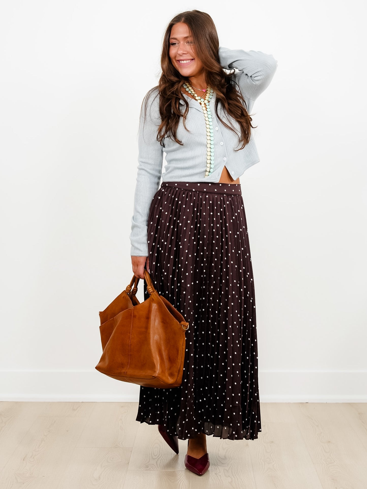 Brown Polka Dot Pleated Midi Skirt - Freckled Poppy