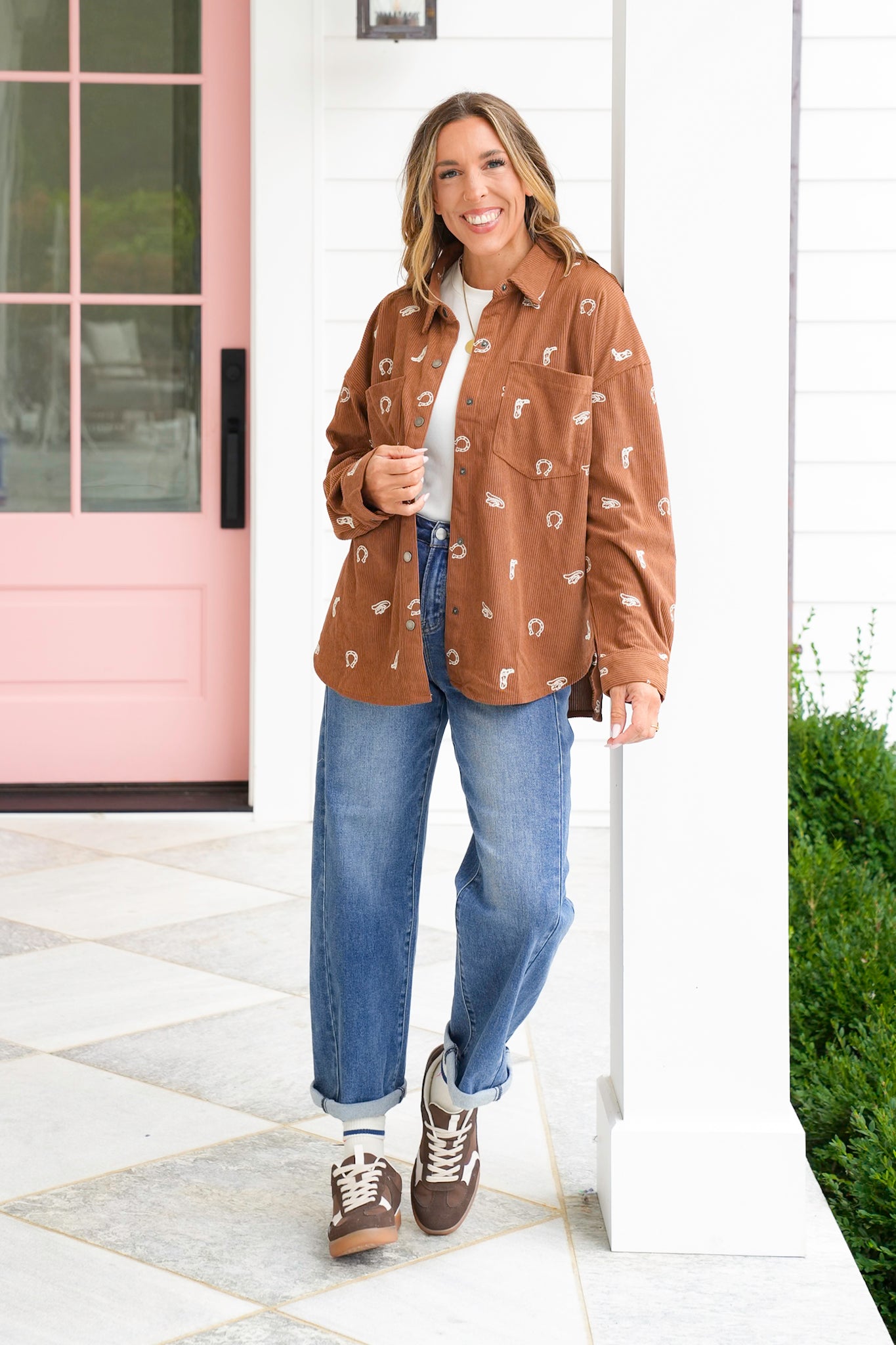Corduroy Embroidered Western Print Long Sleeve Shacket