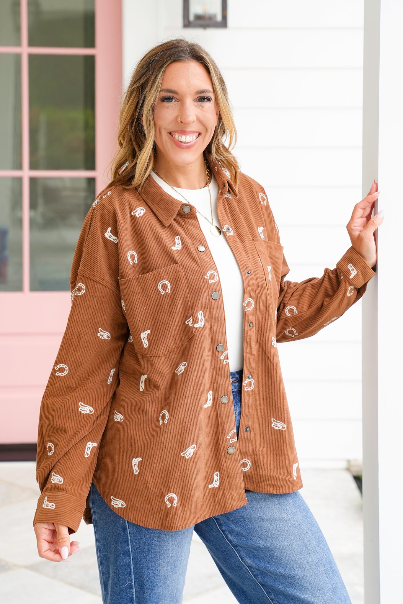 Corduroy Embroidered Western Print Long Sleeve Shacket