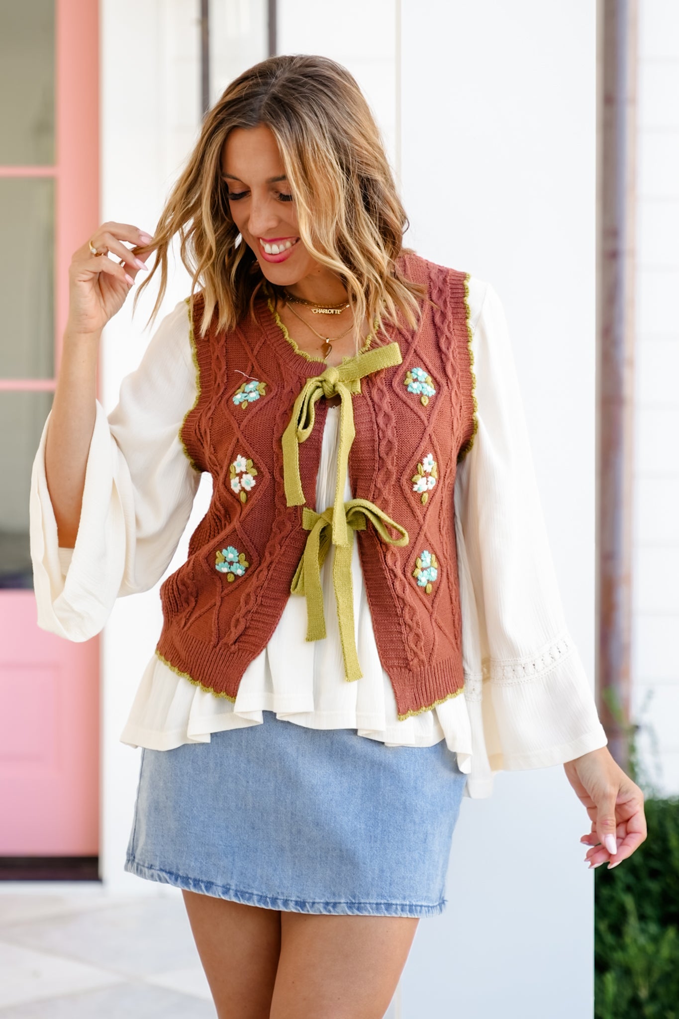 Floral Knit Sweater Vest with Front Bow Tie