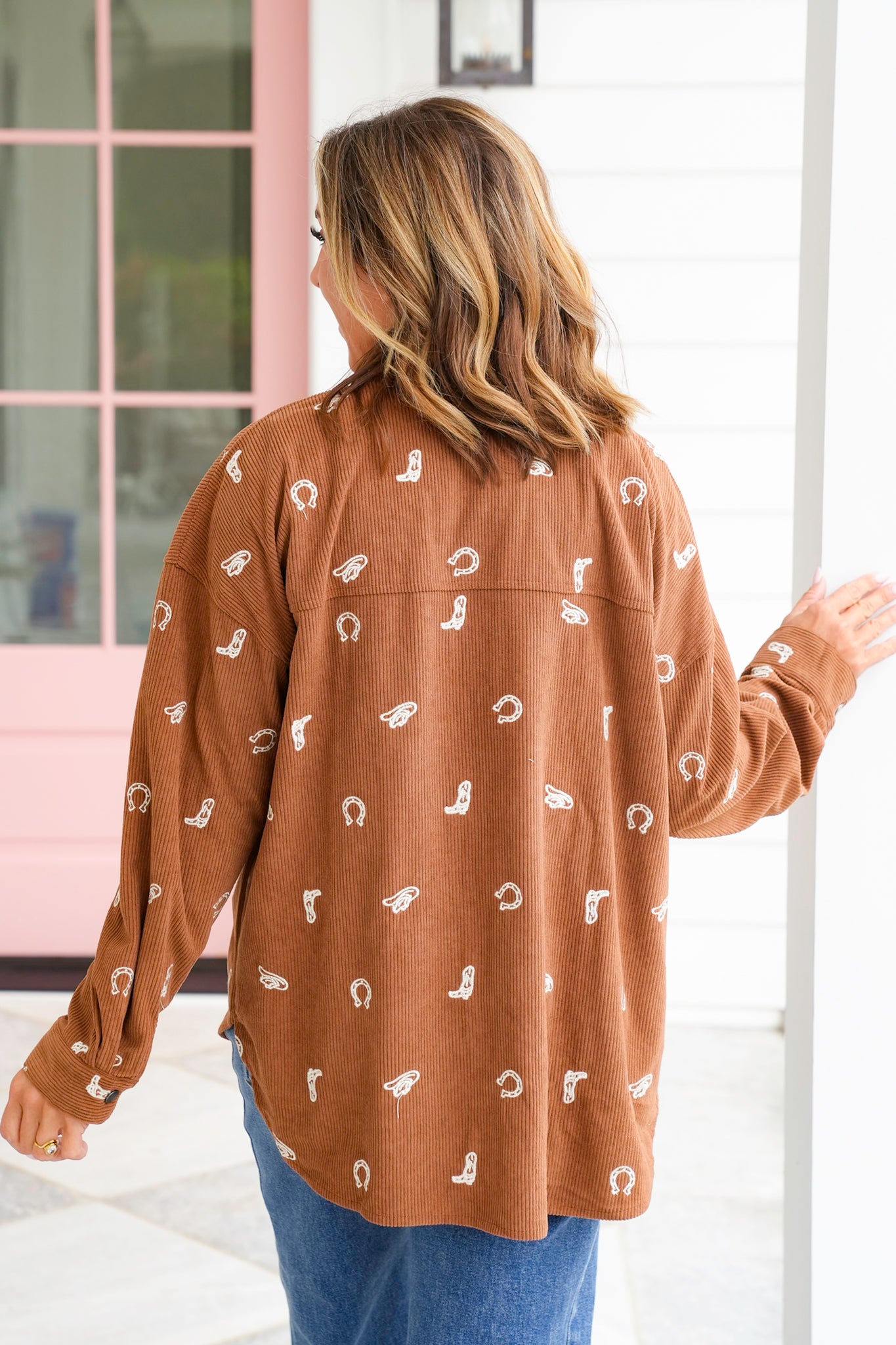 Corduroy Embroidered Western Print Long Sleeve Shacket