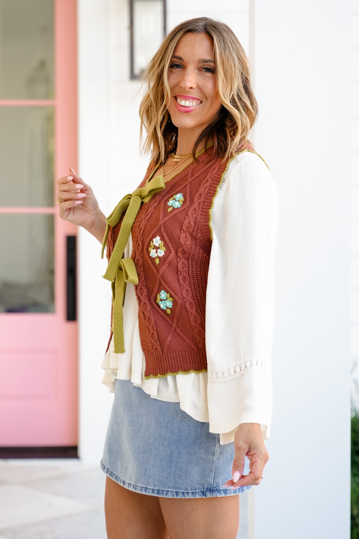 Floral Knit Sweater Vest with Front Bow Tie