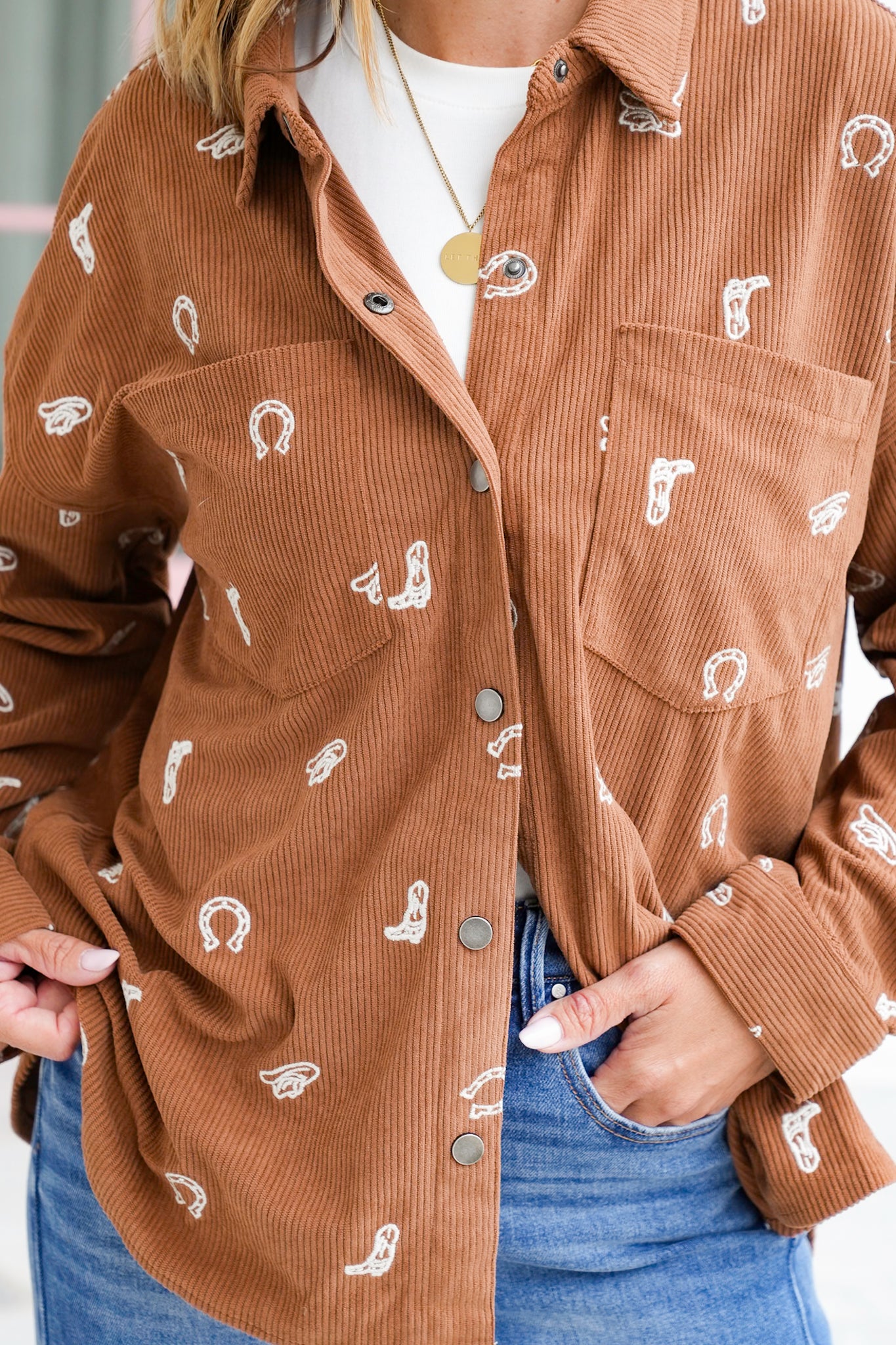 Corduroy Embroidered Western Print Long Sleeve Shacket
