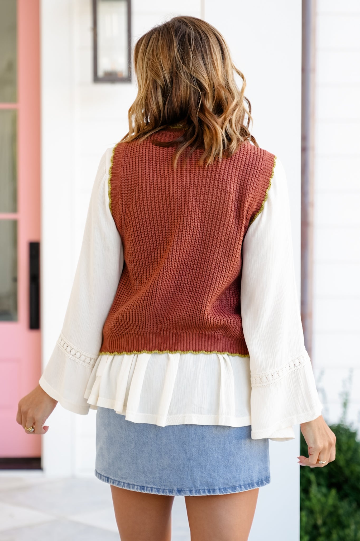 Floral Knit Sweater Vest with Front Bow Tie