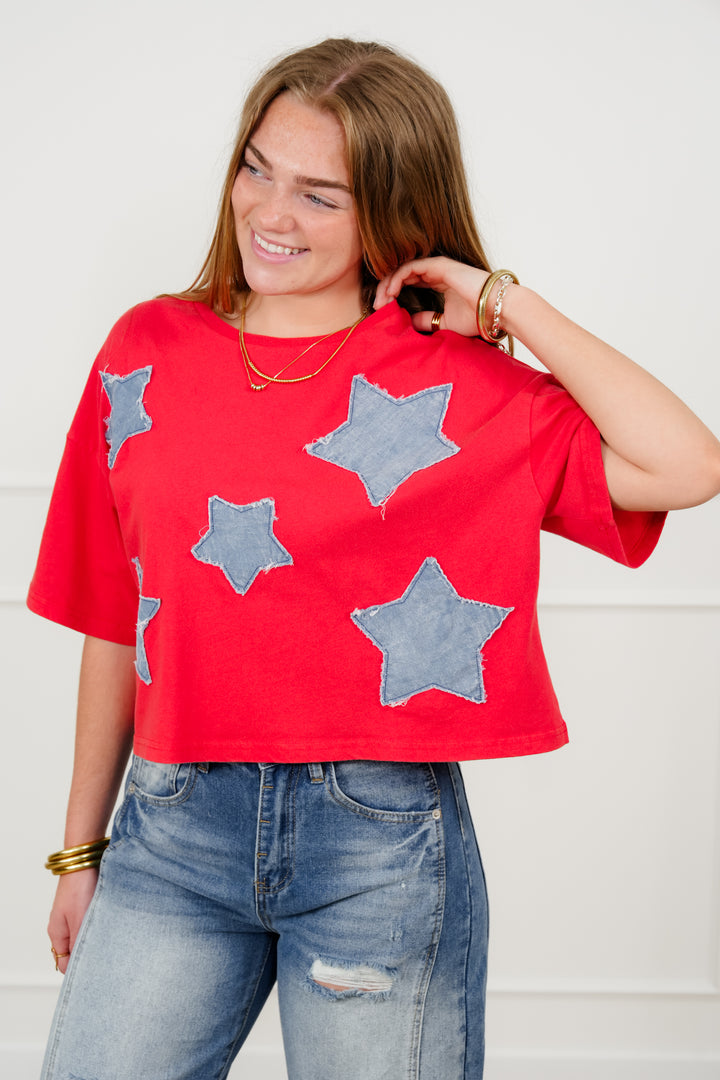 Short Sleeve Star Patch Crew Neck Top