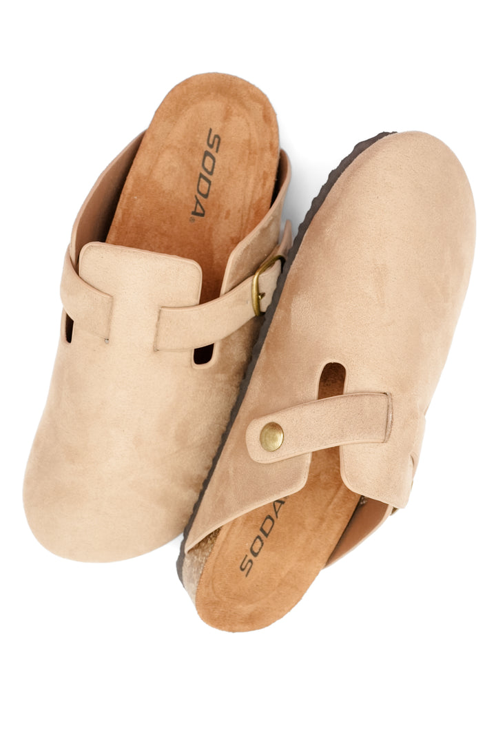 Vegan Suede Closed Toe Buckle Mule