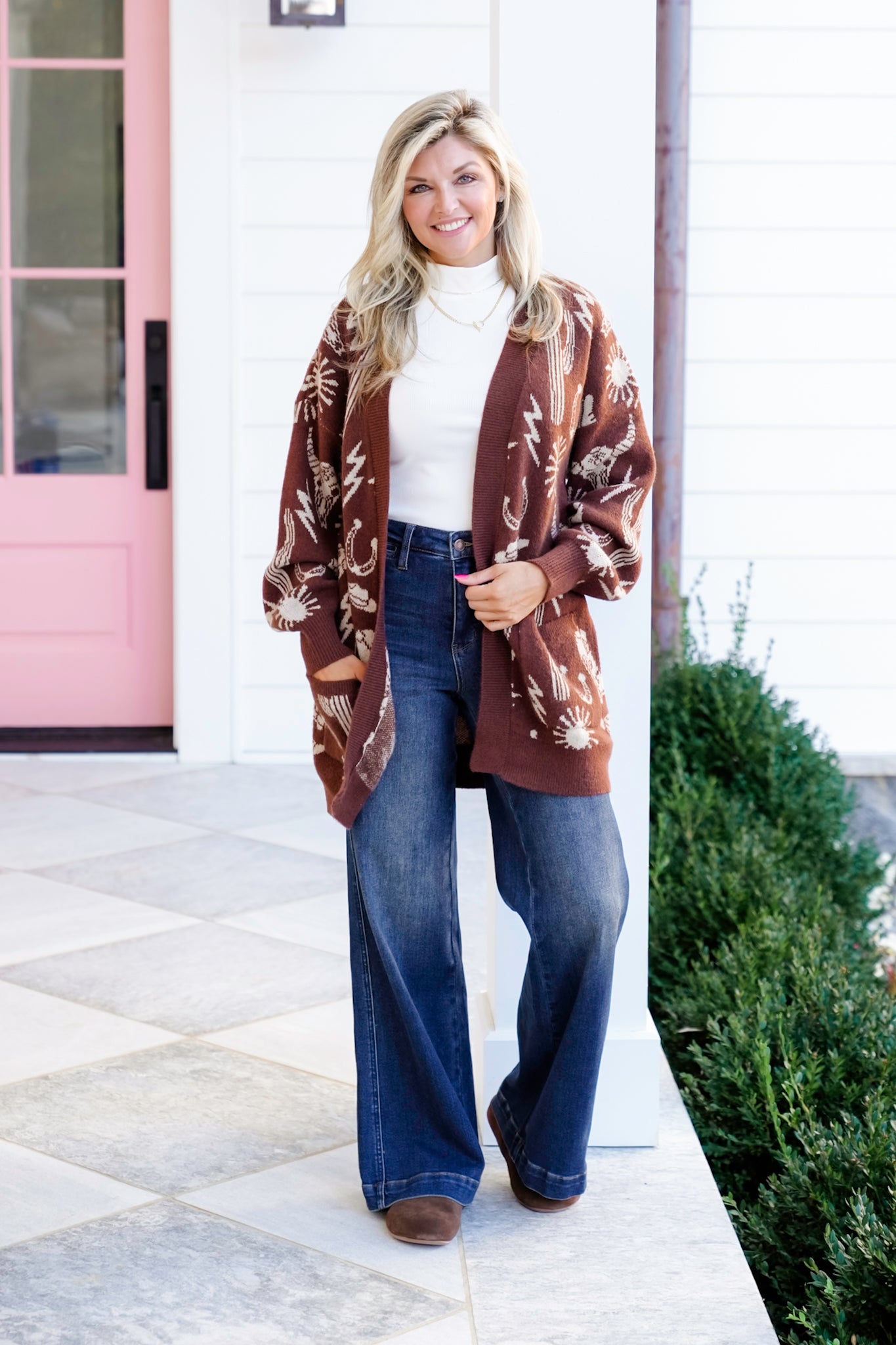 Western Pattern Long Sleeve Knit Cardigan Sweater