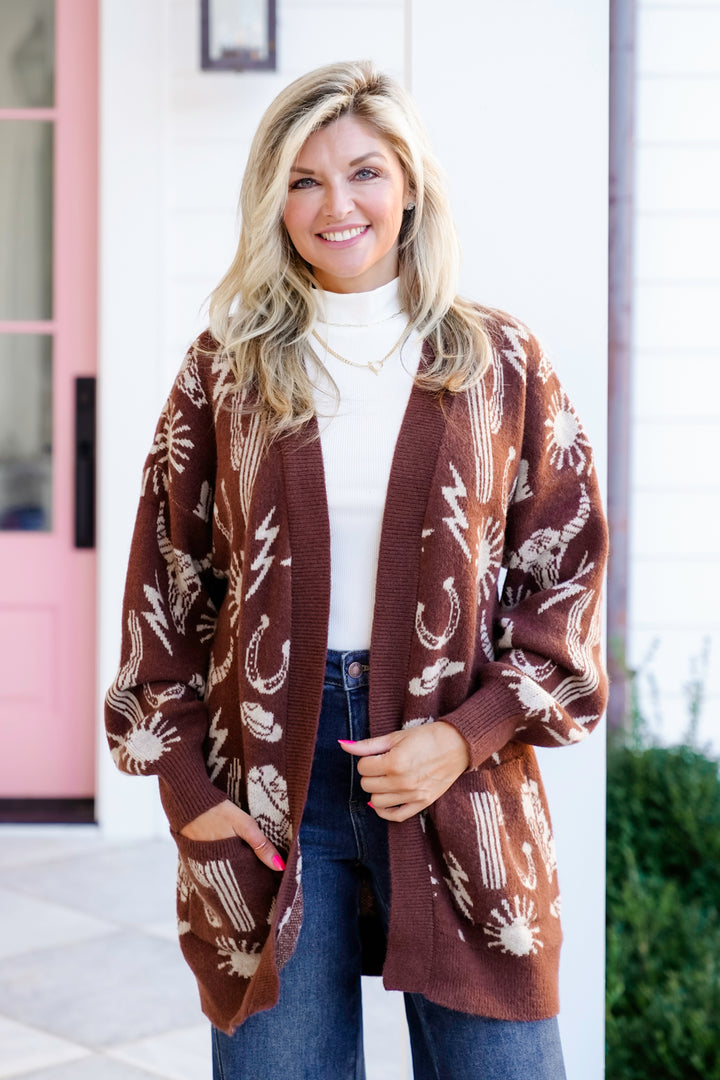Western Pattern Long Sleeve Knit Cardigan Sweater
