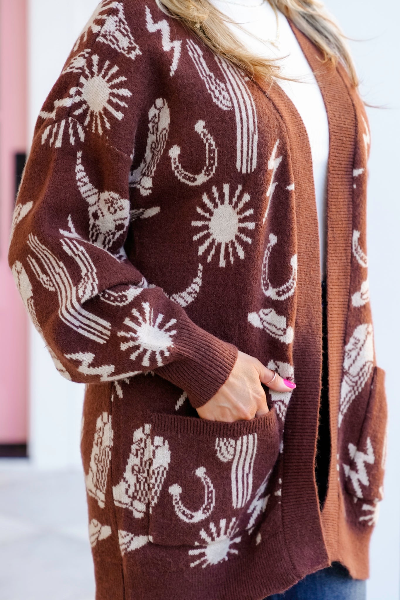 Western Pattern Long Sleeve Knit Cardigan Sweater