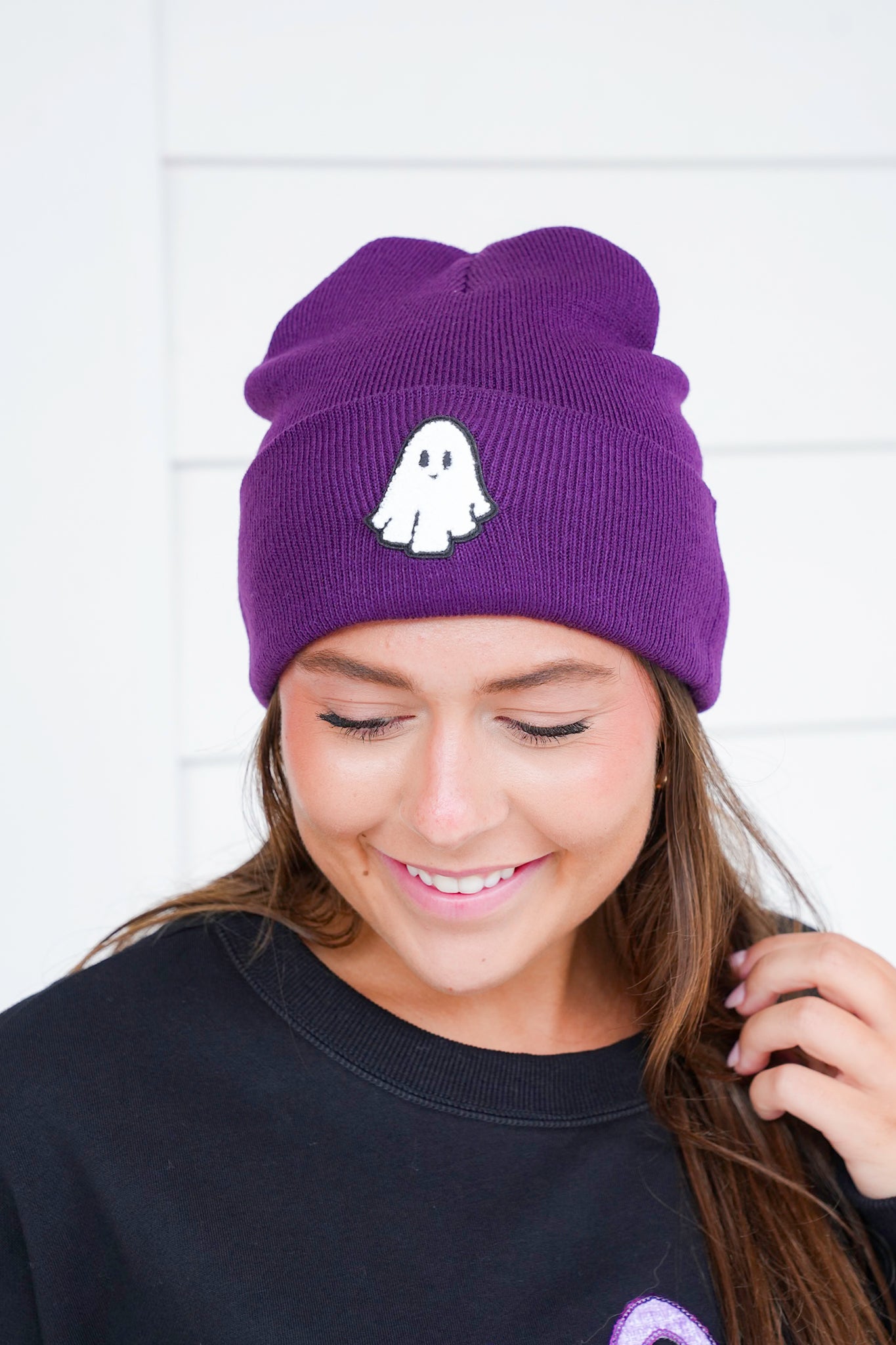 Halloween Knit Beanie with Ghost Chenille Patch