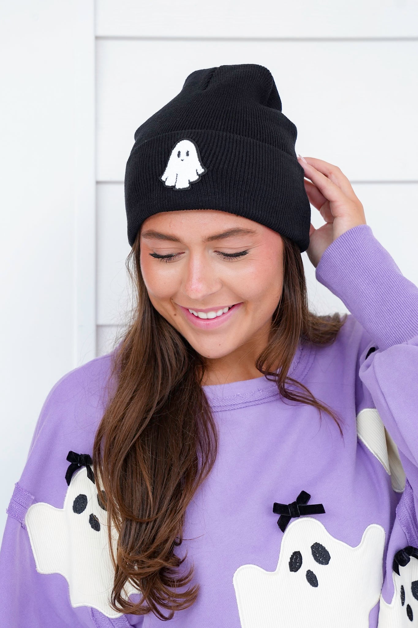 Halloween Knit Beanie with Ghost Chenille Patch