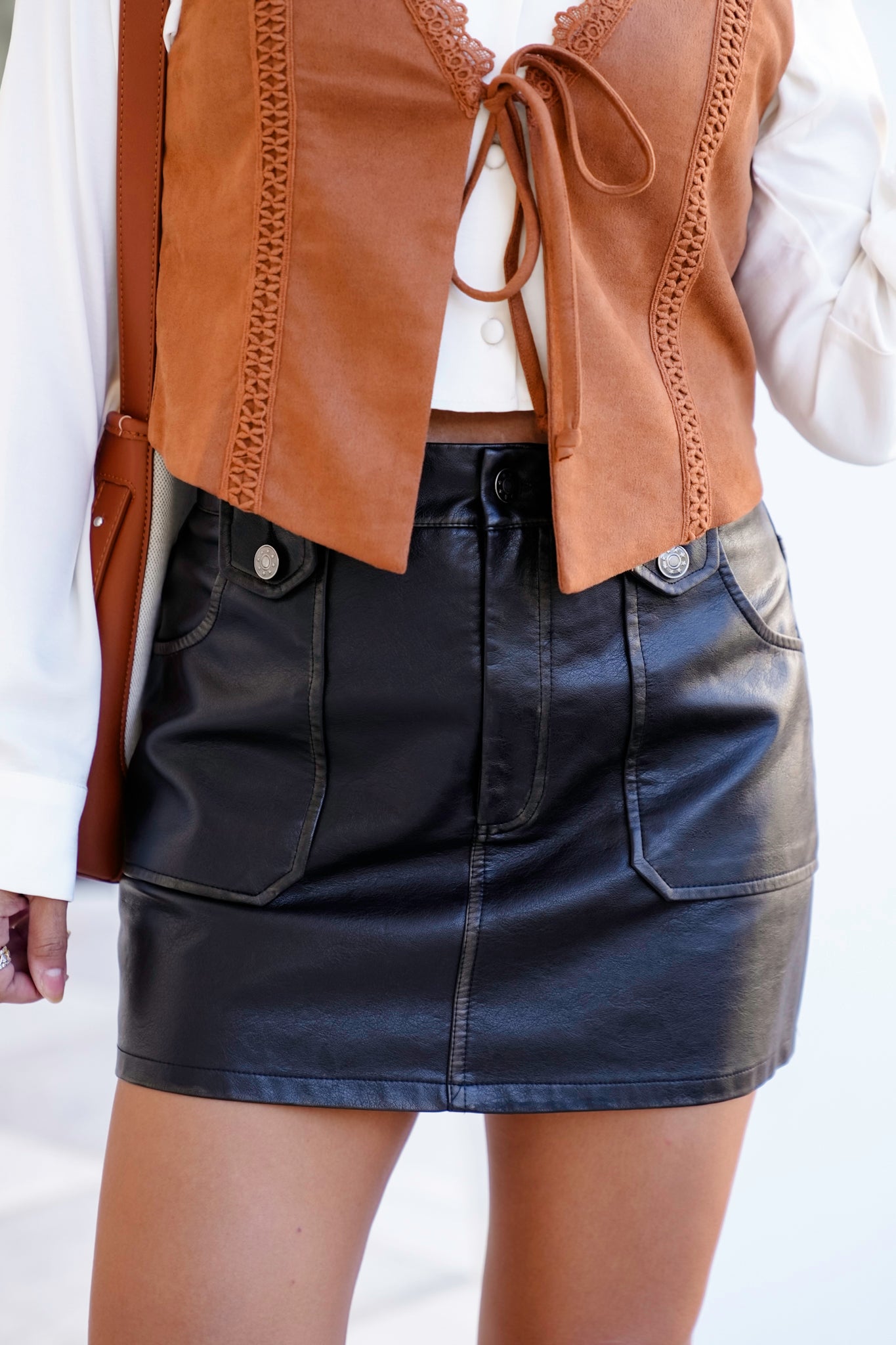Vegan Leather Mini Skirt with Patch Pocket