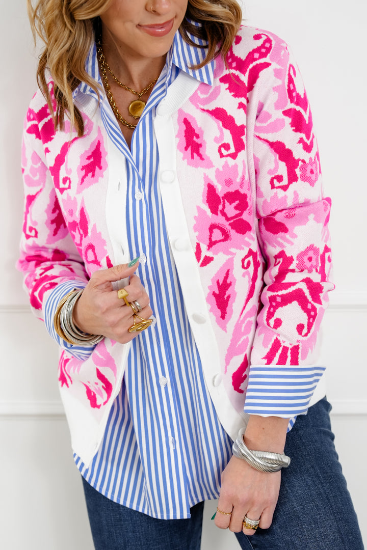 Floral Pattern Long Sleeve Button Up Knit Cardigan