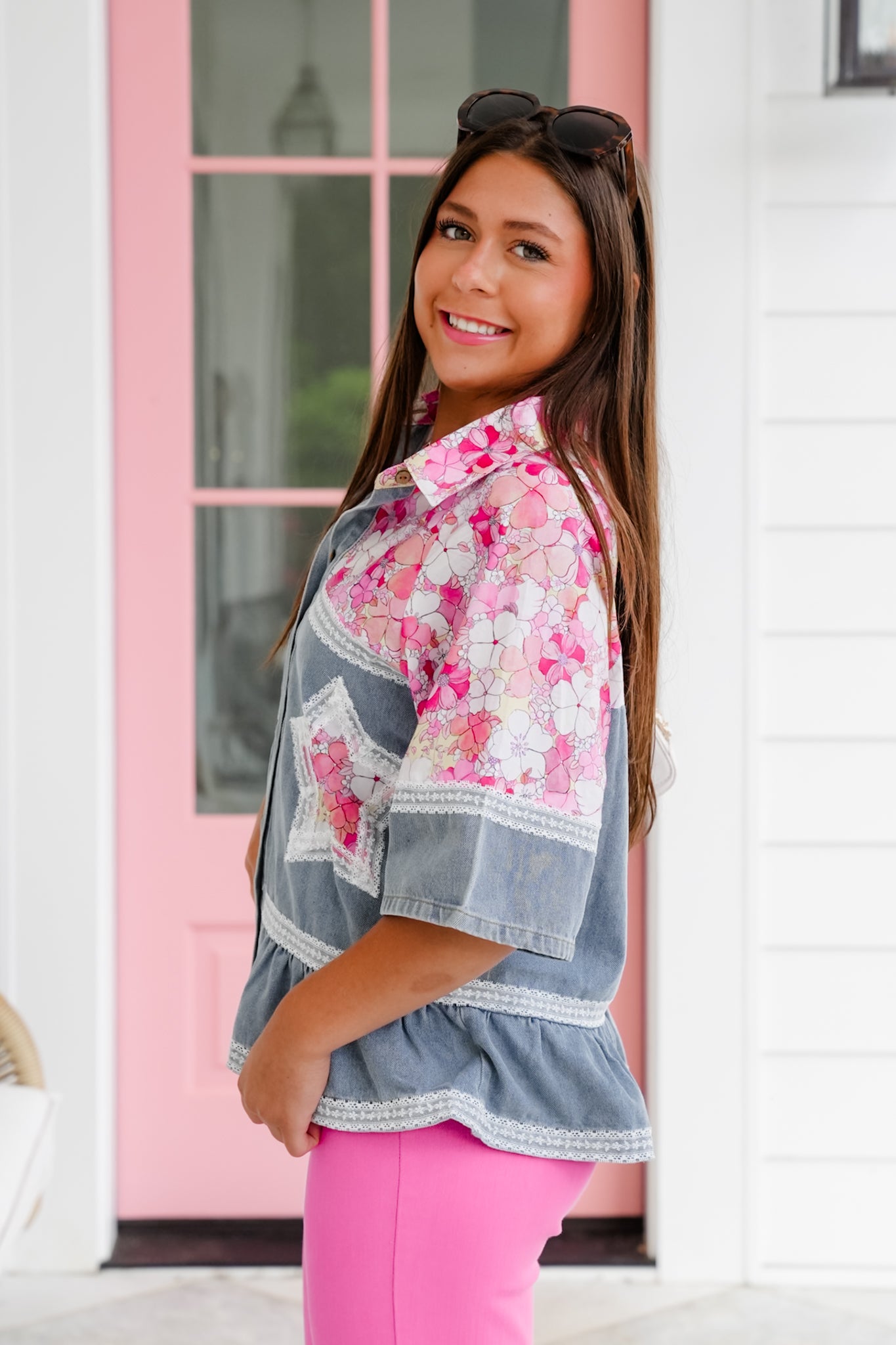 Short Sleeve Button Down Top with Floral and Lace Detail