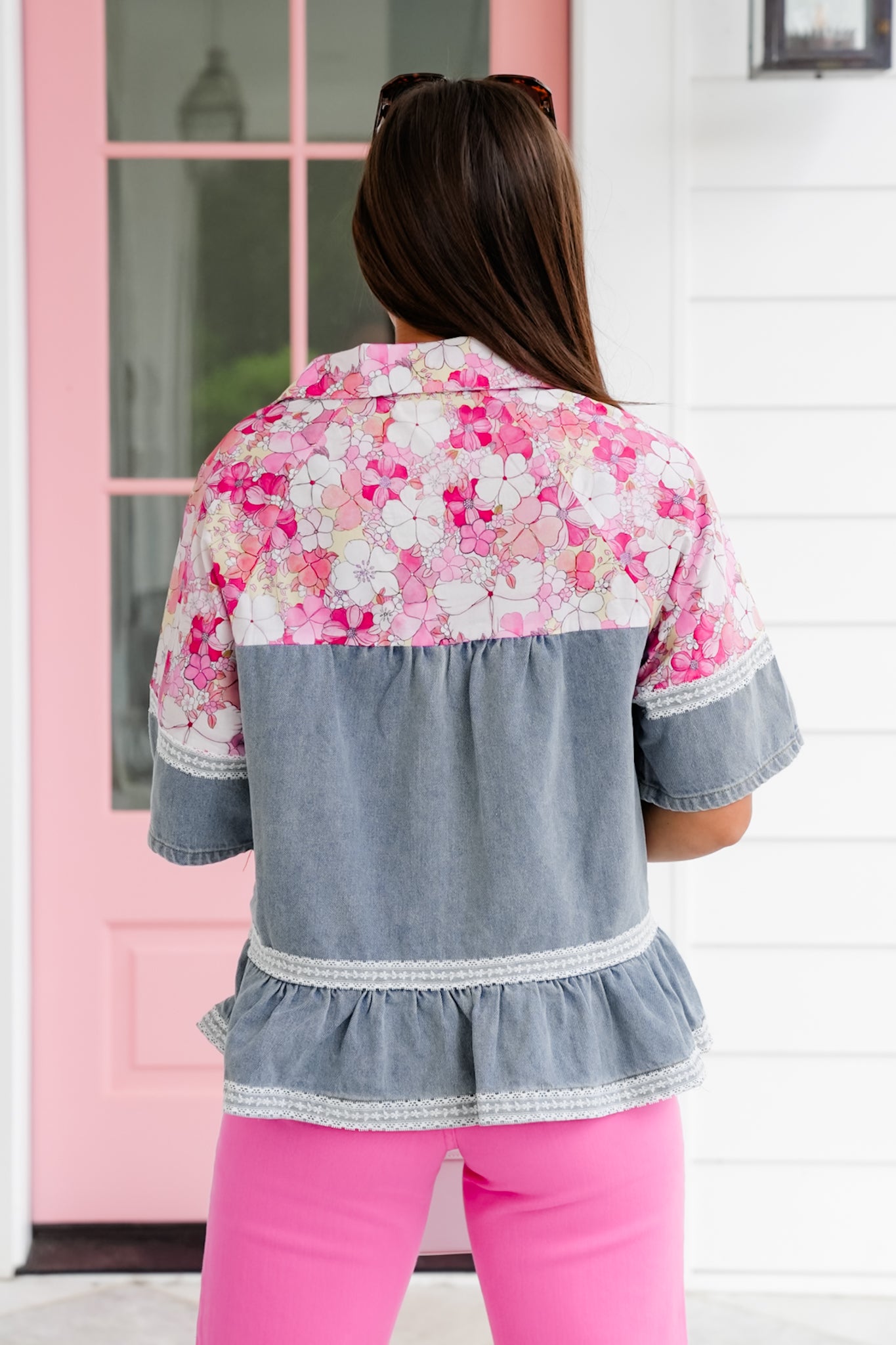 Short Sleeve Button Down Top with Floral and Lace Detail