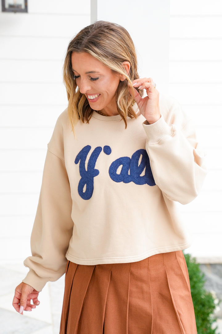Long Sleeve Crew Neck "Y'all" Patch Sweatshirt