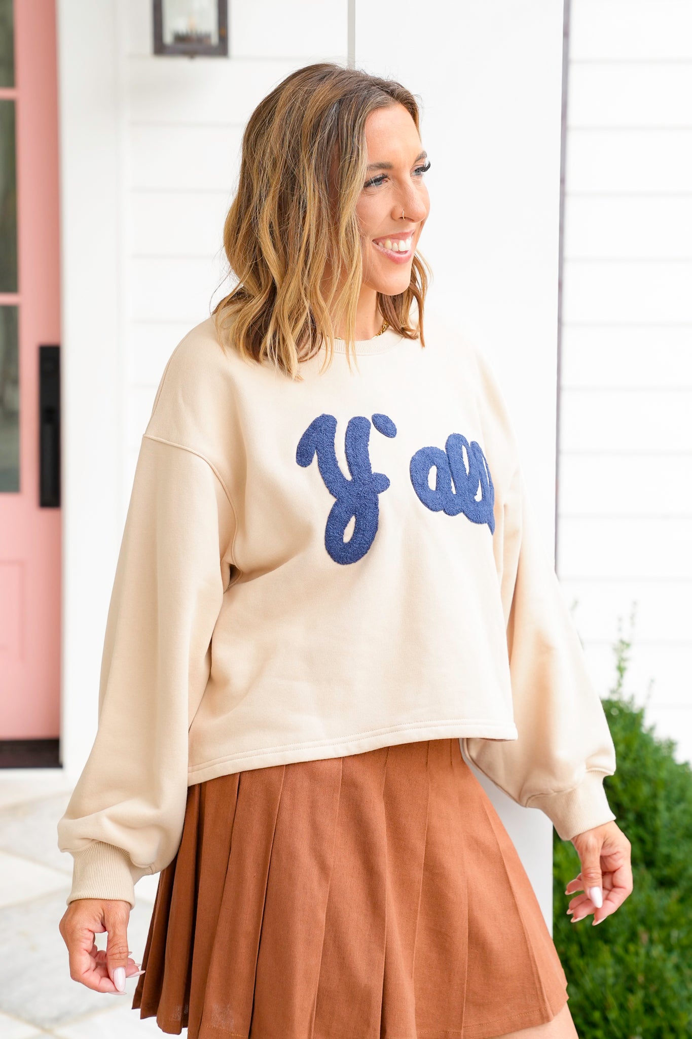 Long Sleeve Crew Neck "Y'all" Patch Sweatshirt