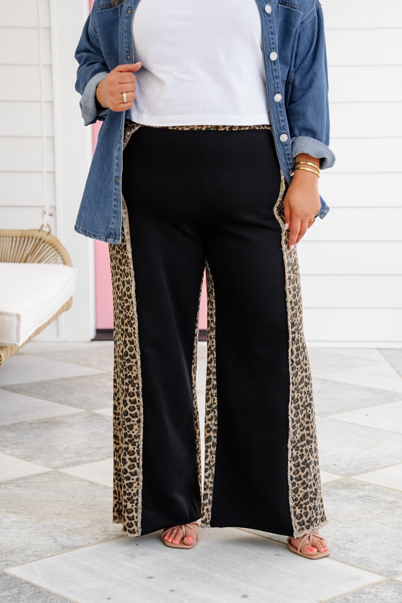 Black Wide Leg Elastic Waist Pants With Leopard Detail