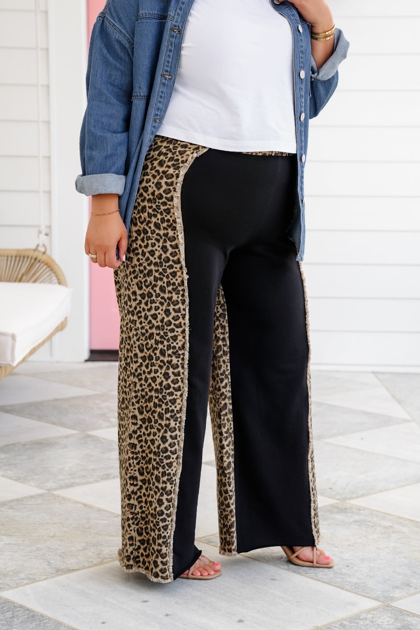 Black Wide Leg Elastic Waist Pants With Leopard Detail