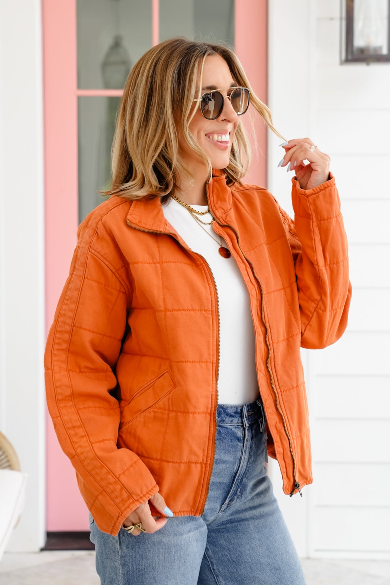 Washed Quilted Long Sleeve Zip-Up Jacket