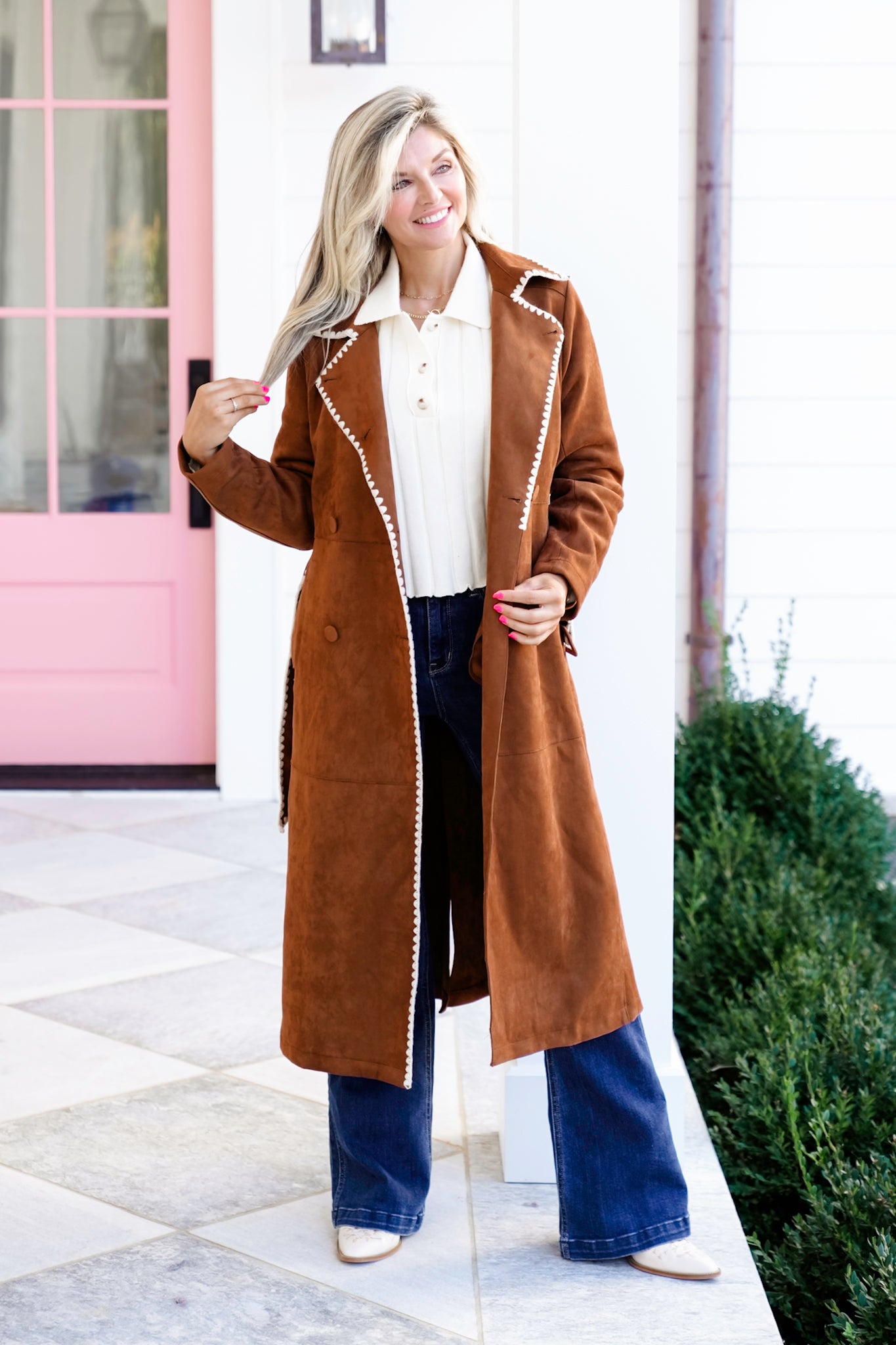Vegan Suede Long Sleeve Trench Coat with Stitching