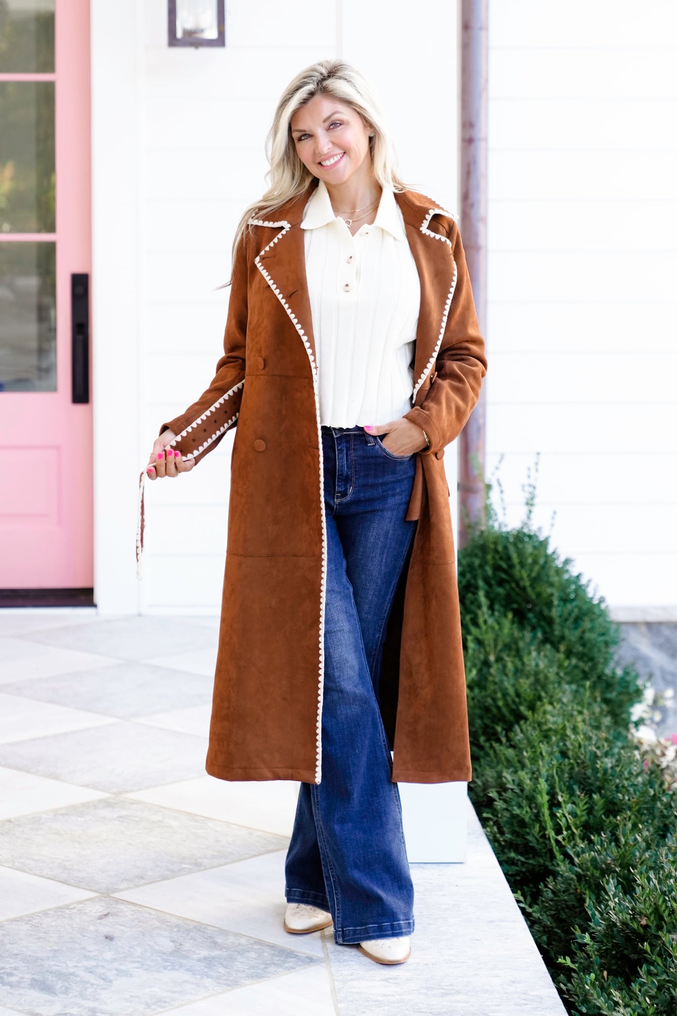 Vegan Suede Long Sleeve Trench Coat with Stitching