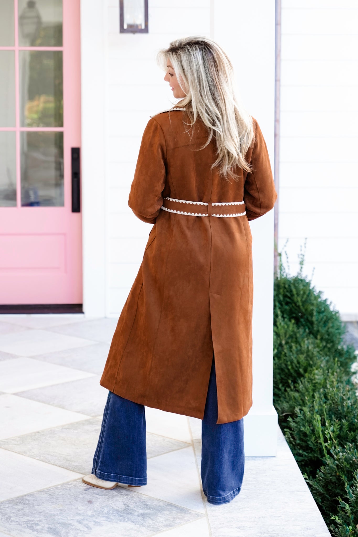 Vegan Suede Long Sleeve Trench Coat with Stitching