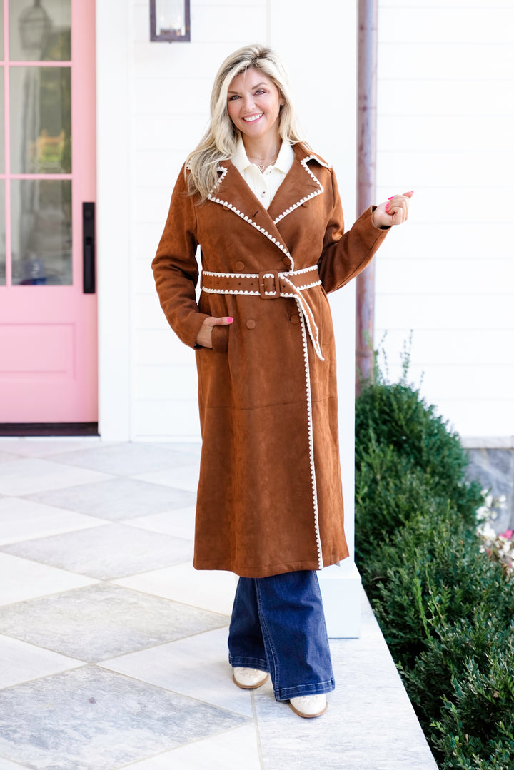 Vegan Suede Long Sleeve Trench Coat with Stitching