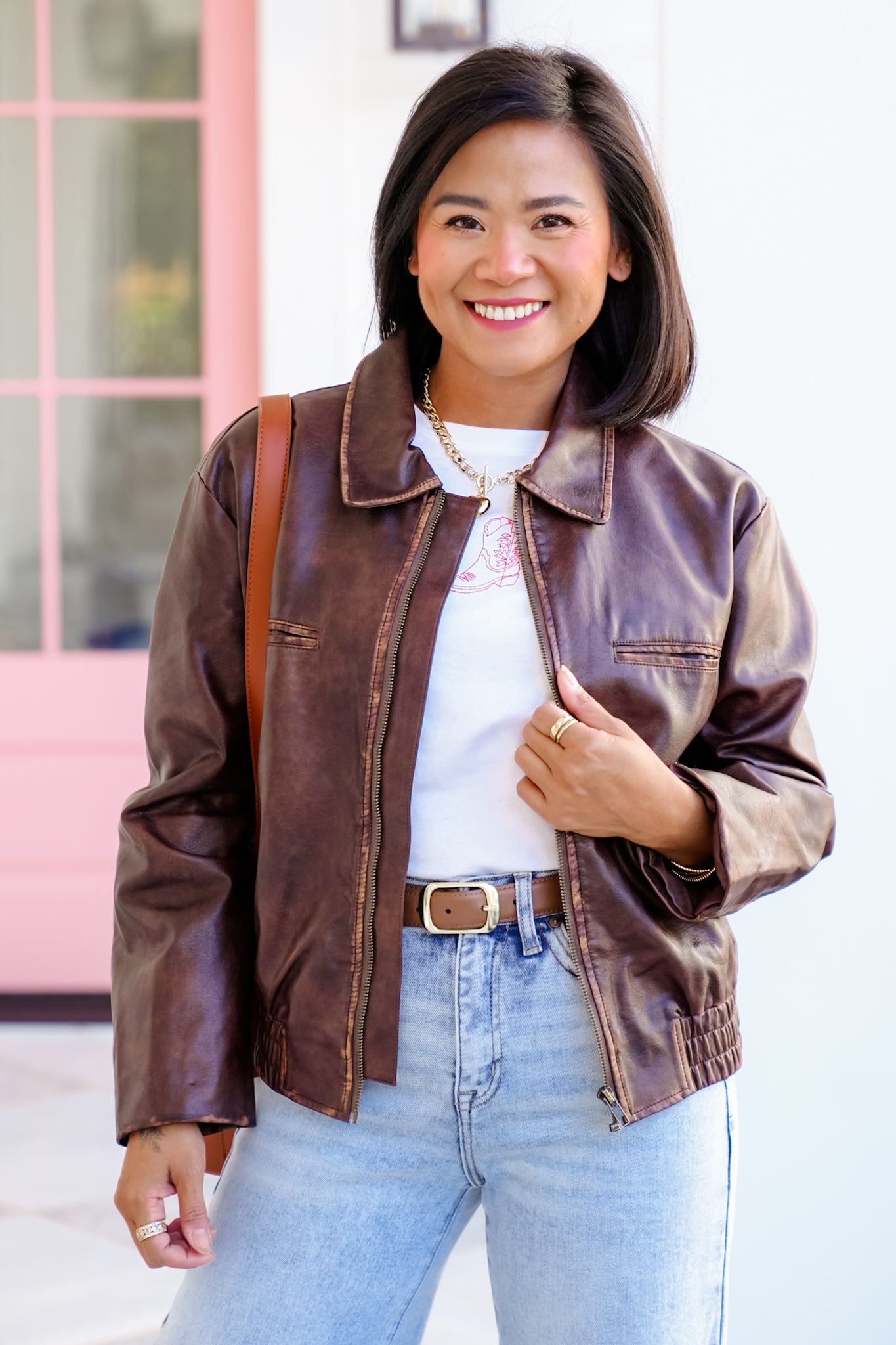 Vegan Leather Long Sleeve Zip Up Jacket