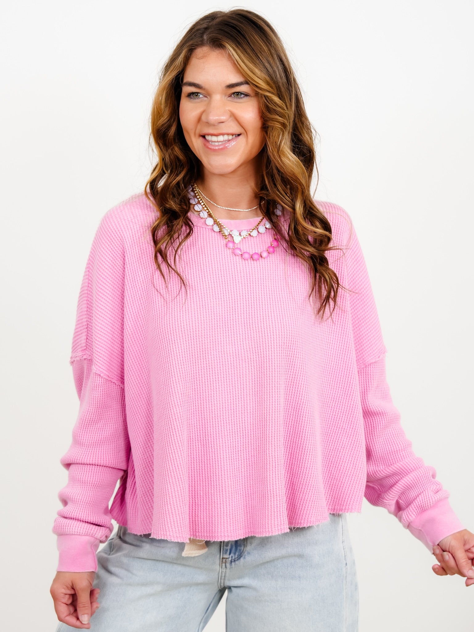 Door Buster! Mineral Wash Waffle Knit Long Sleeve Top – Freckled Poppy
