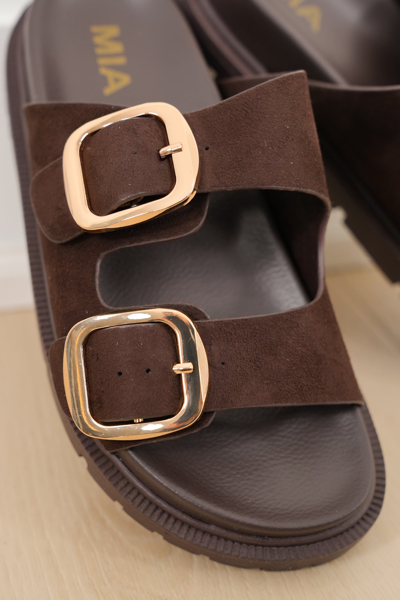 MIA Double Buckle Vegan Suede Platform Slide Sandal