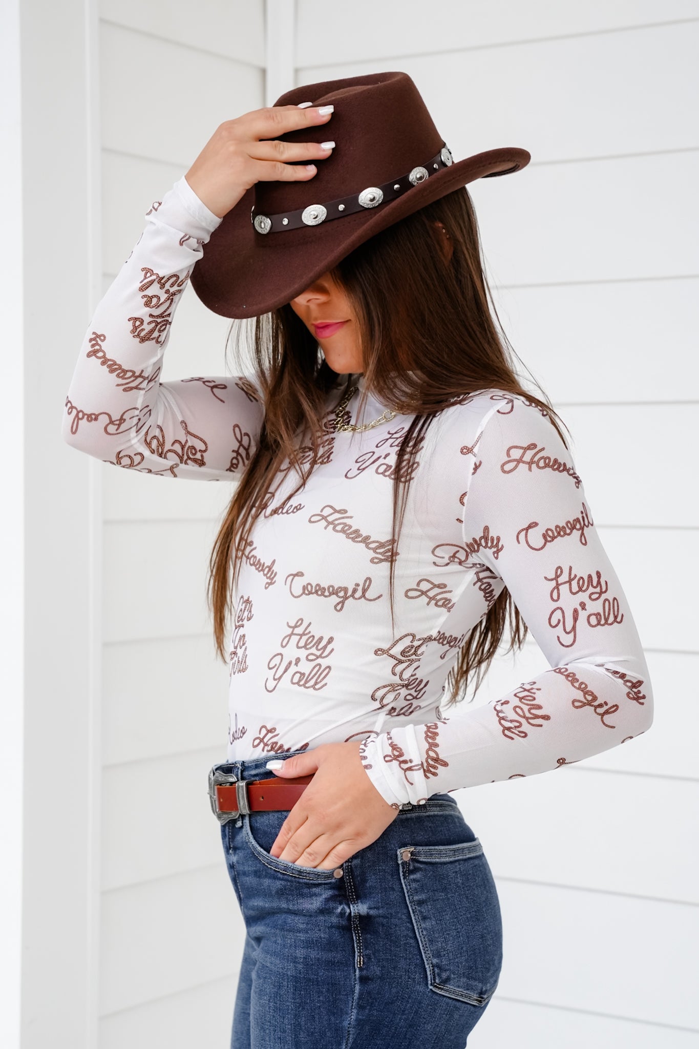 Restock! Mesh Long Sleeve Mock Neck Cowgirl Graphic Top